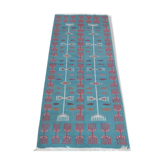 Hand-made blue carpet in pure wool  95x215cm