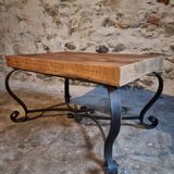 Vintage French coffee table from the 1960s – Rustic pine coffee table with a black iron base.