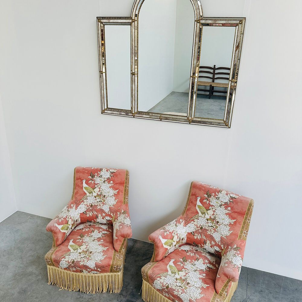 Exquisite pair of upholstered slipper lounge chairs depicting pheasants and peonies