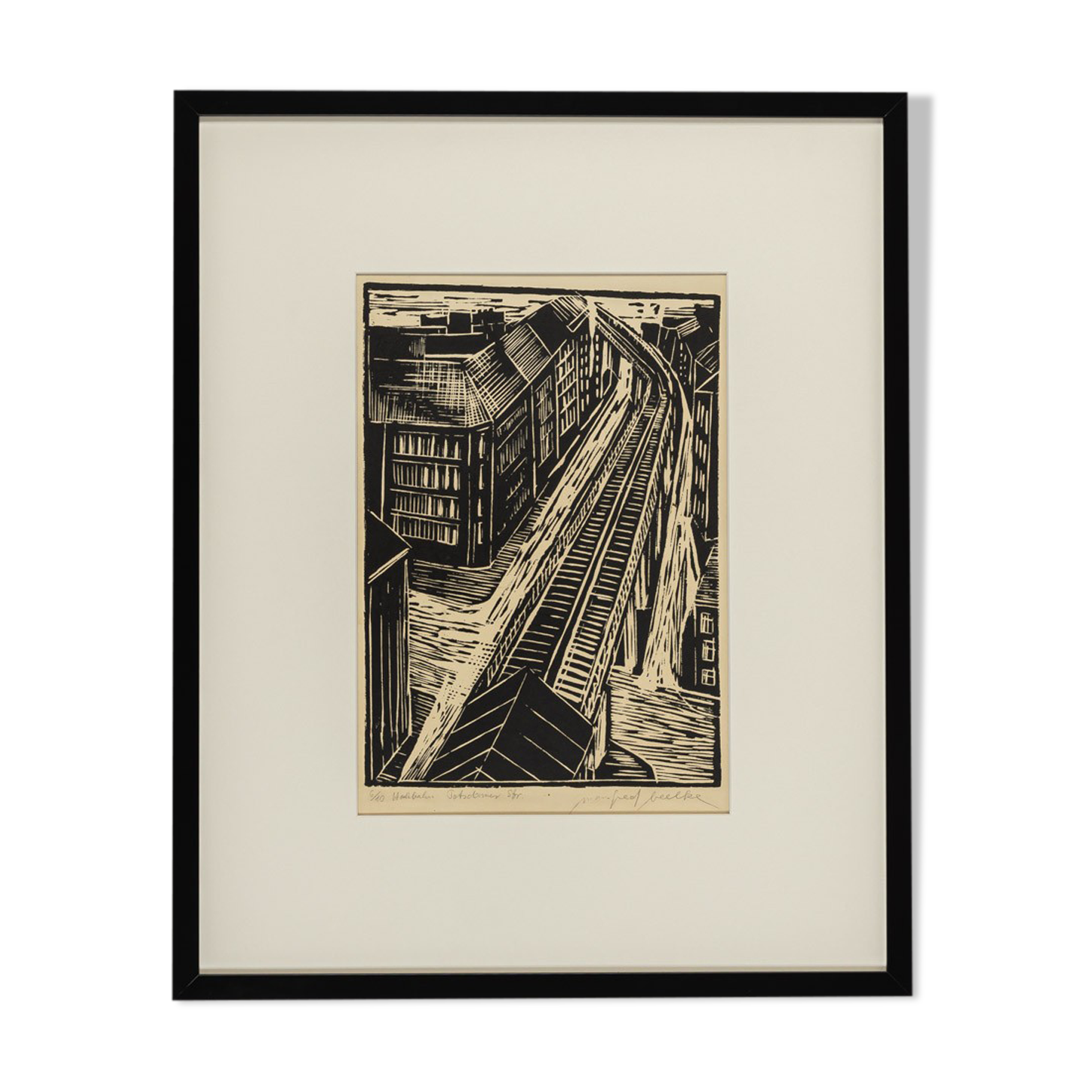 Hochbahn, B/W Linocut on Paper, 55 x 68 cm