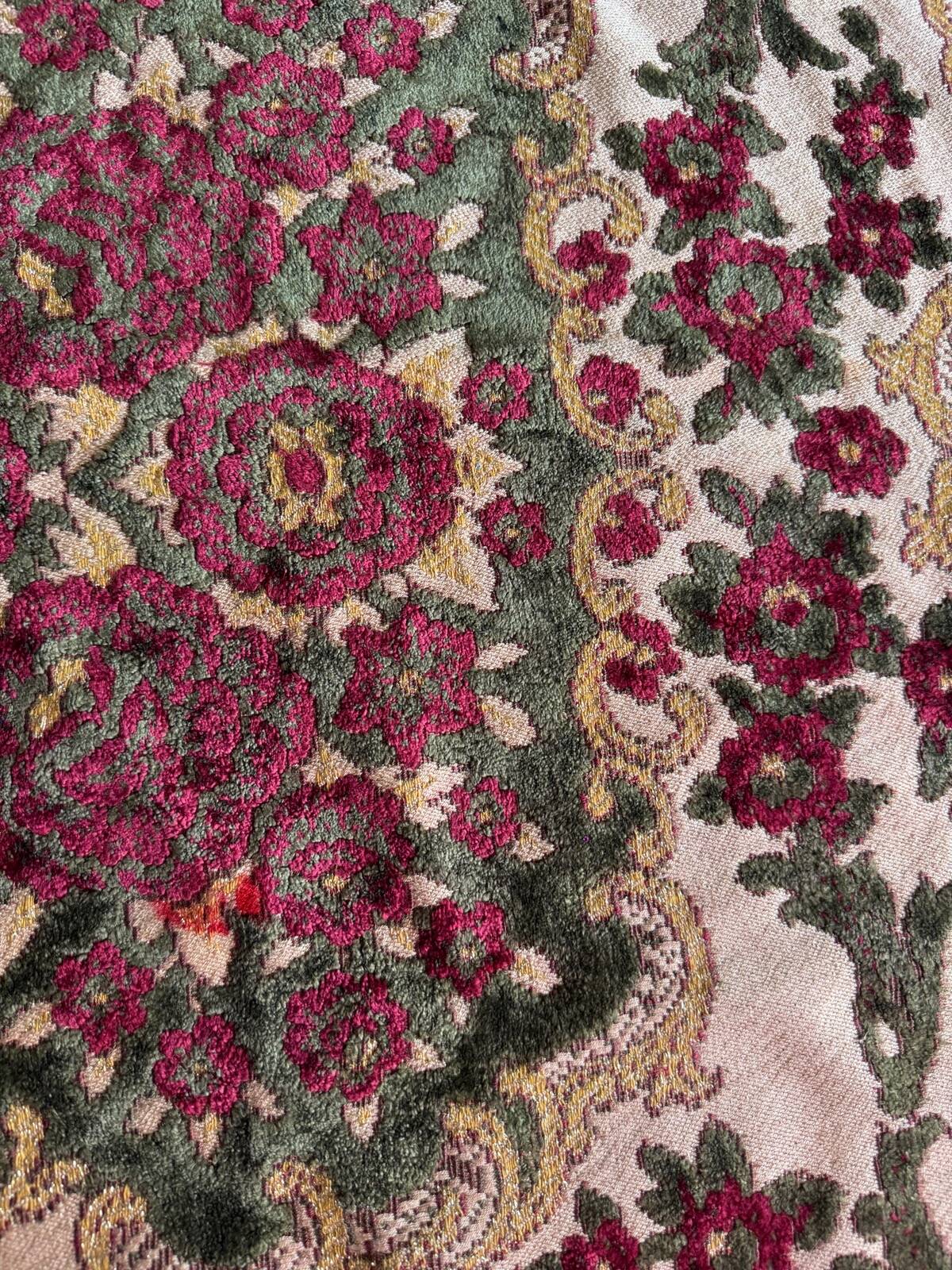 Old floral cotton velvet rug or throw with fringes, 180 x 130 cm