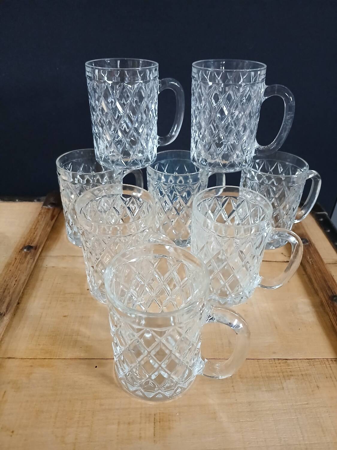8 antique chiseled glass glasses / mugs