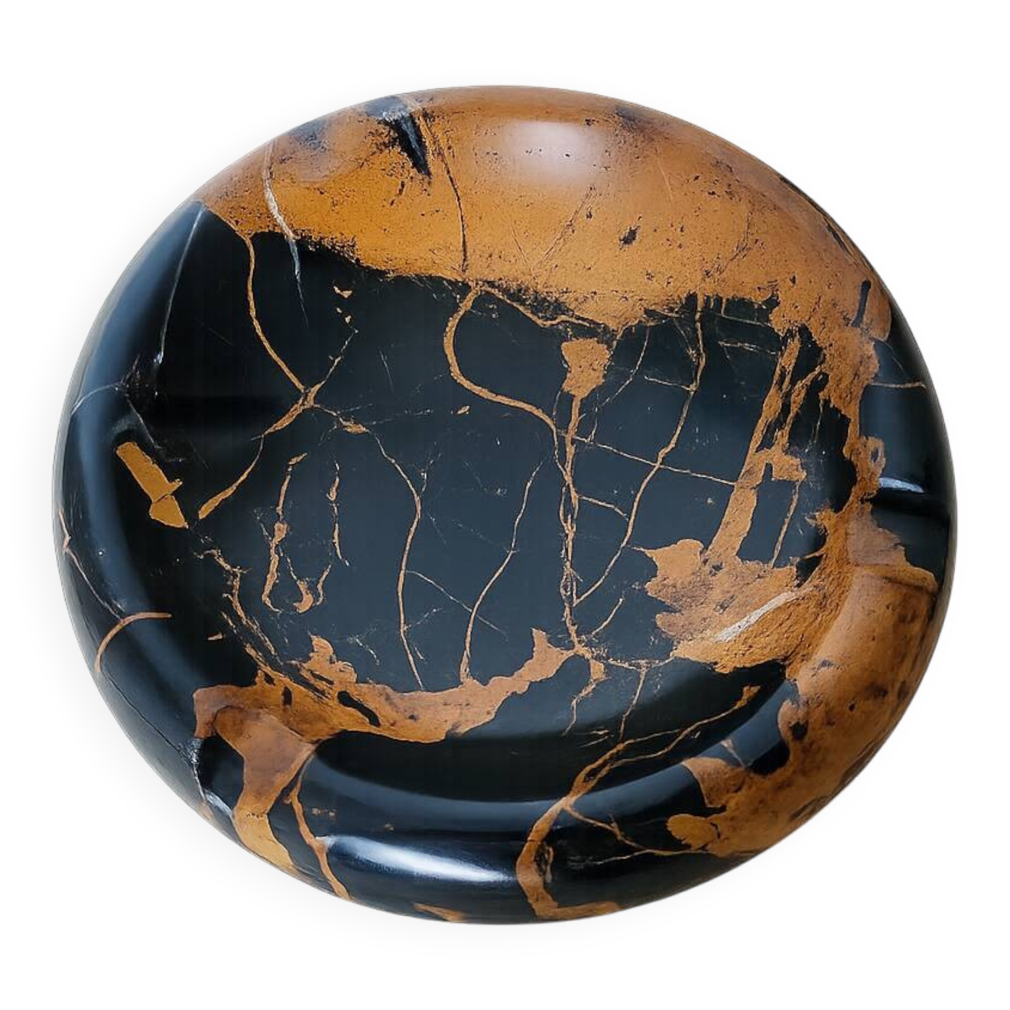 Vintage round ashtray in Italian black and gold Portoro marble.