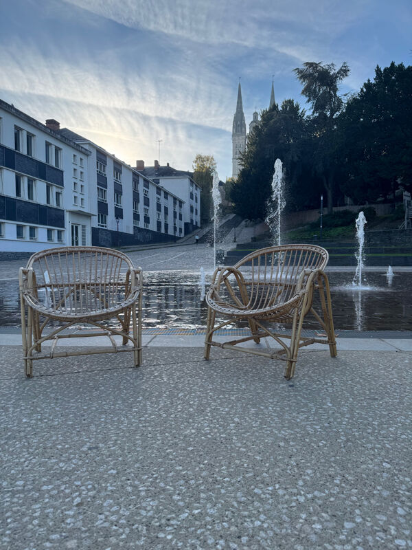 Paire de fauteuils rotin, corbeille, vintage
