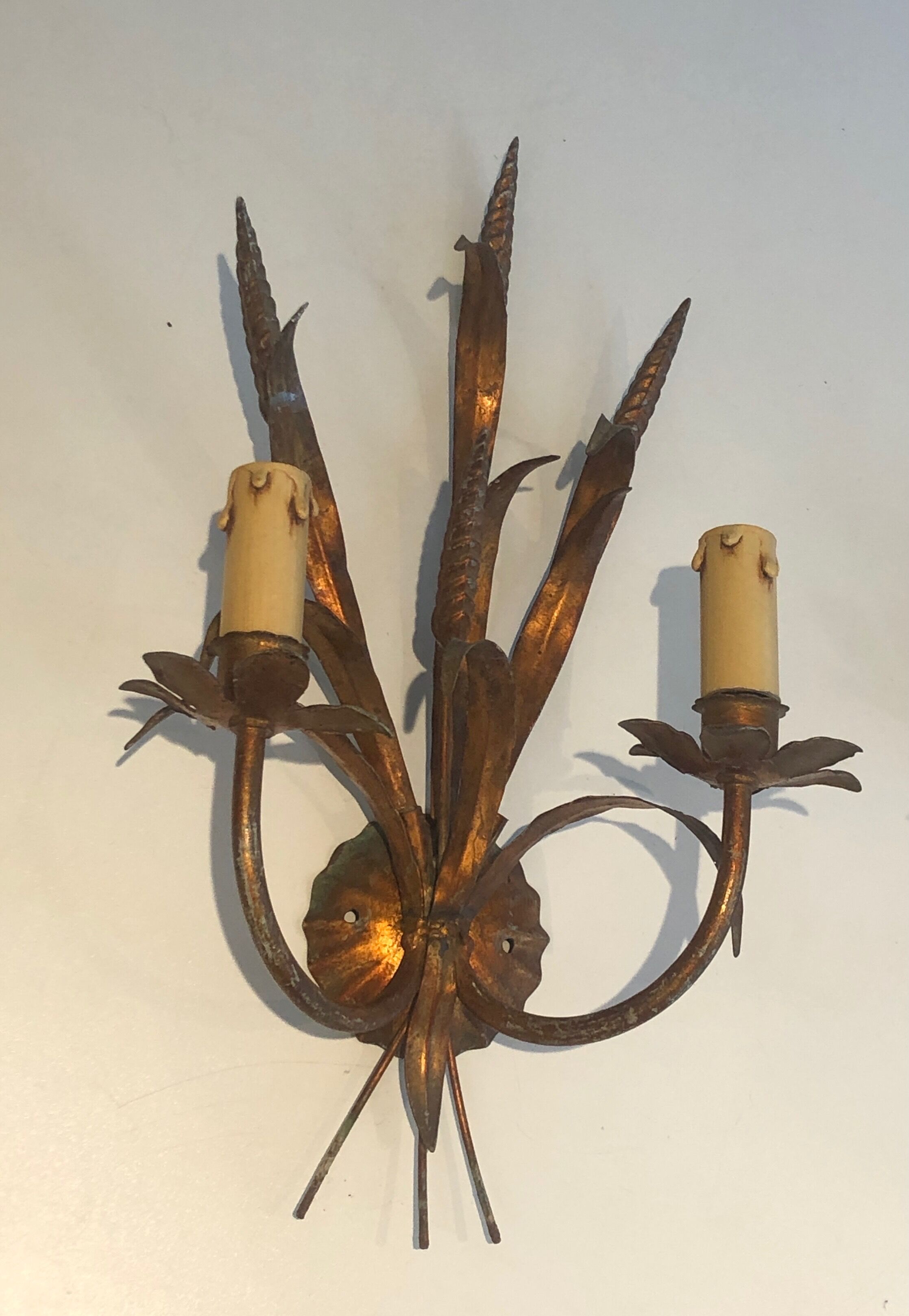 Pair of Coco Channel Style Wall Lamps in Golden Metal with Wheat Epis. French work. Around 1970