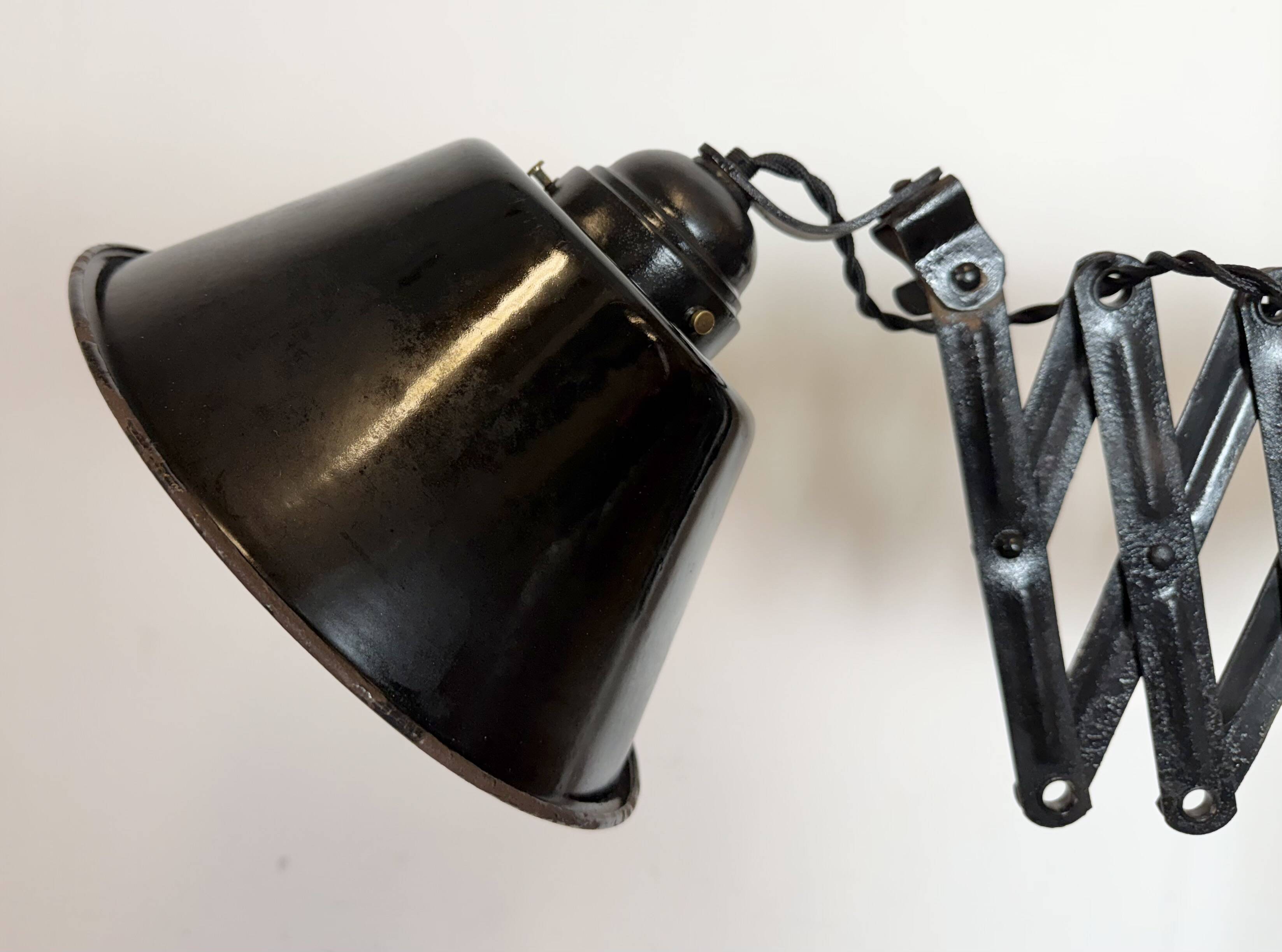 Industrial Black Enamel Scissor Wall Lamp, 1930s