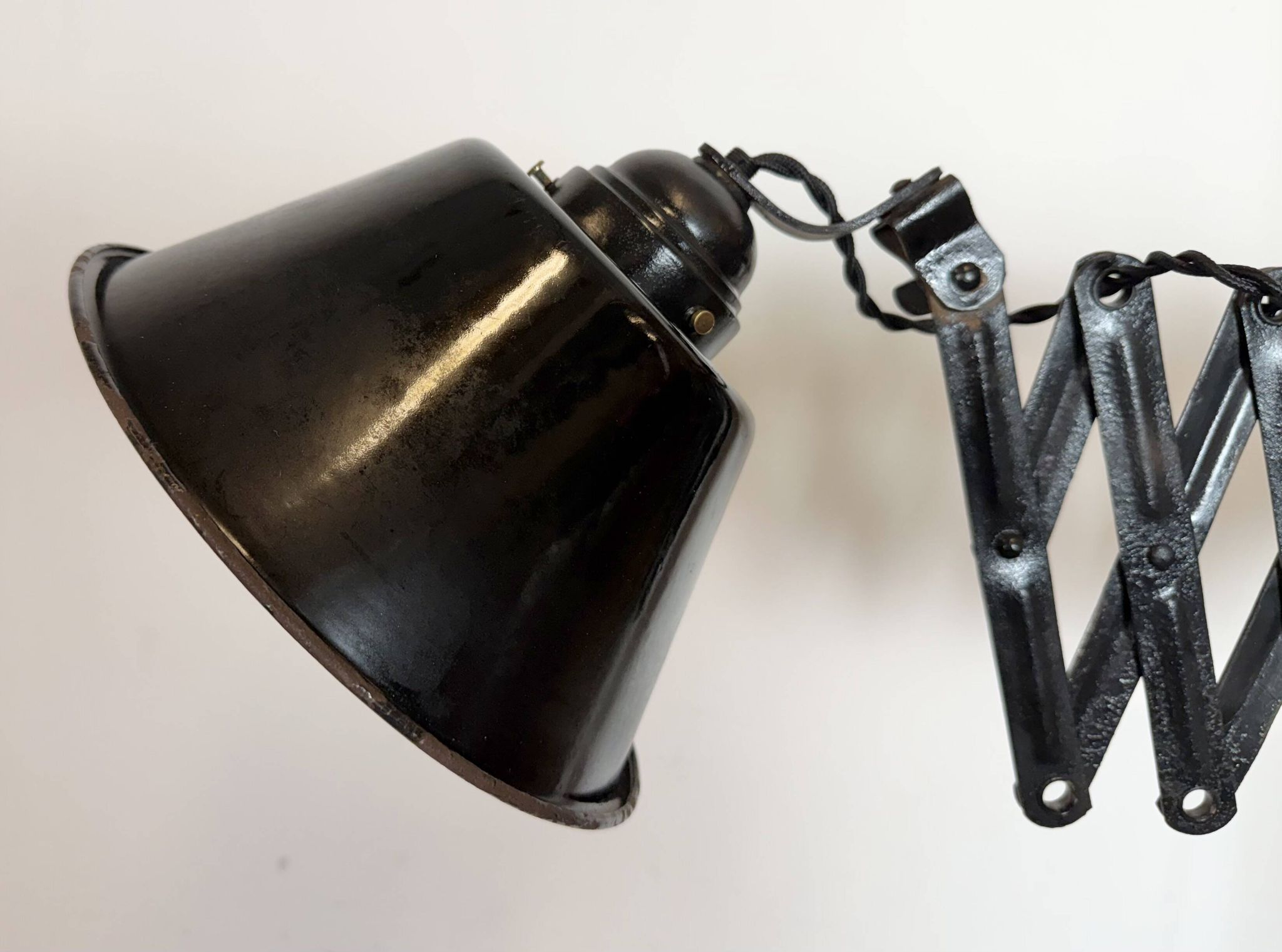 Industrial Black Enamel Scissor Wall Lamp, 1930s