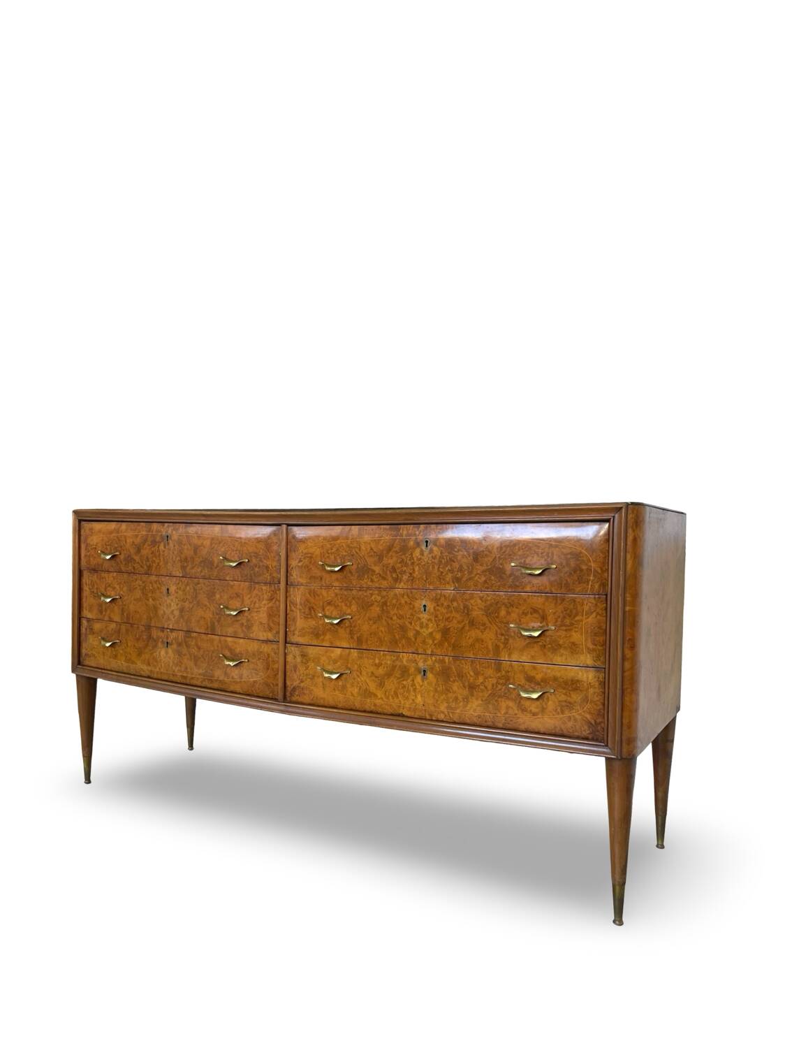 Veneered burl walnut chest of drawers with light warm brown glass top