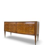 Veneered burl walnut chest of drawers with light warm brown glass top