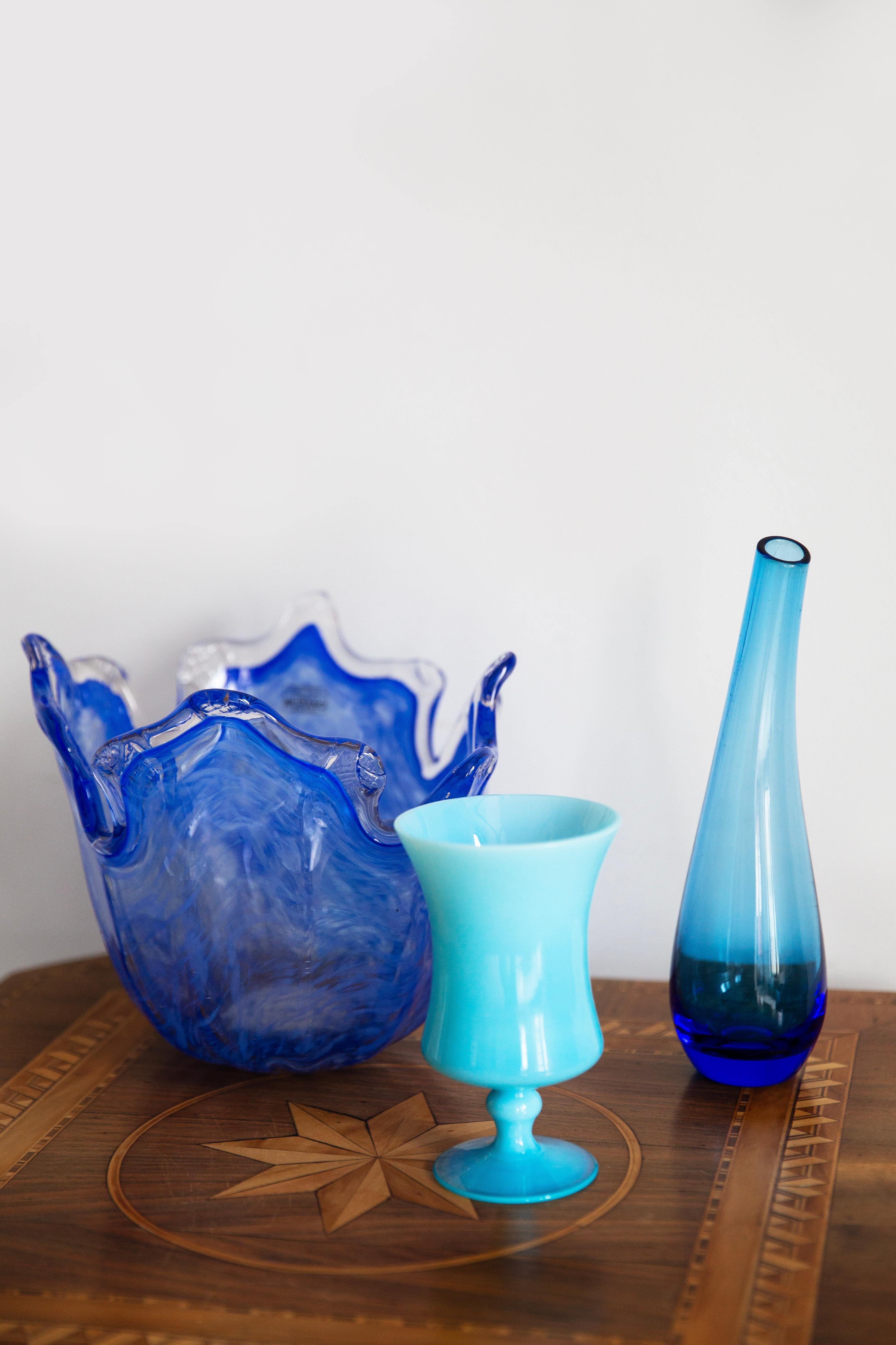 Vintage blue thin glass vase from the mid-century, Europe, 1960s.