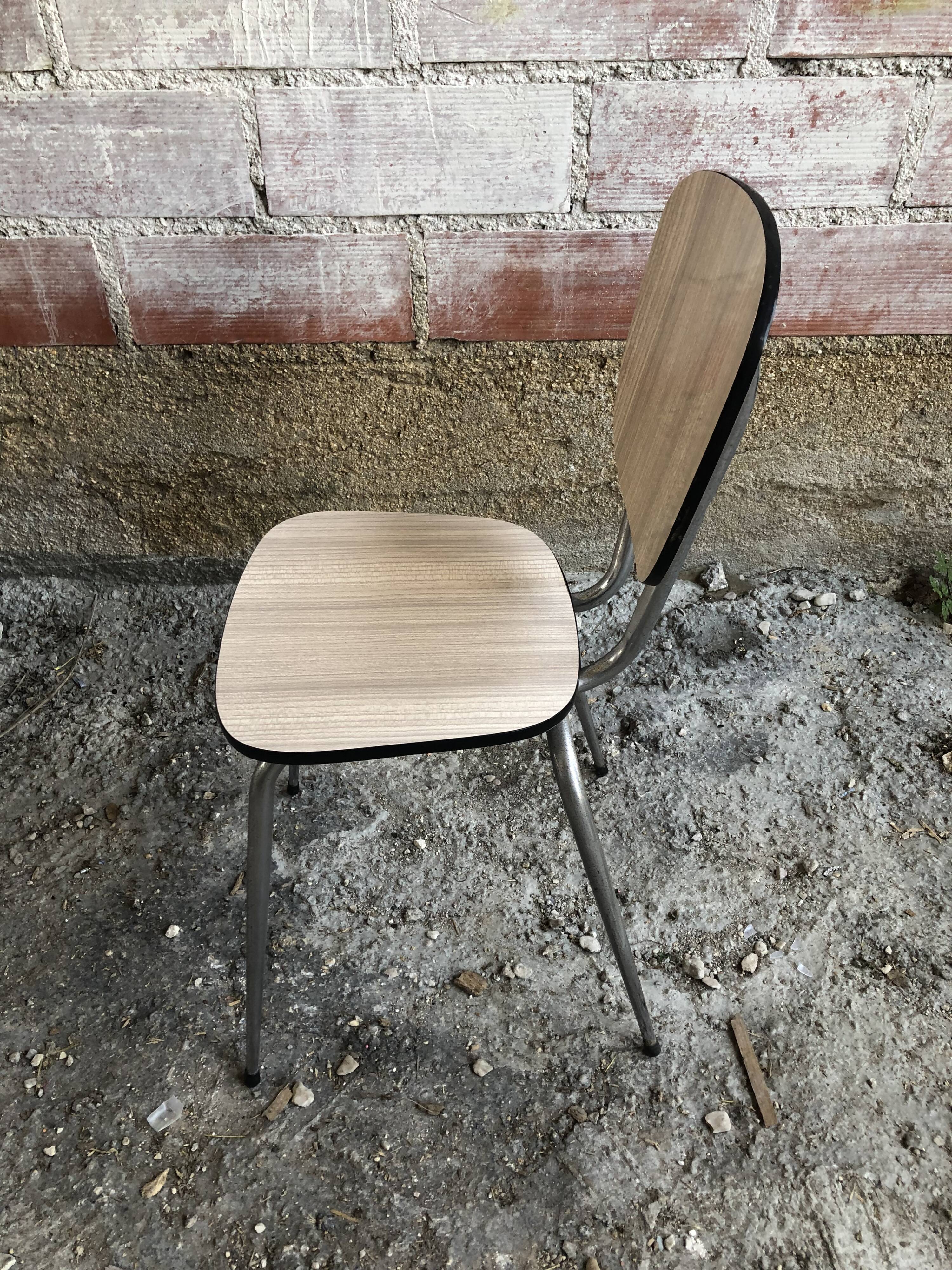 Series of 4 old formica chairs white grey + feet compass metal chrome 70's