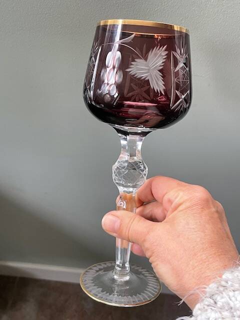 2 large cut and coloured Bohemian crystal glasses