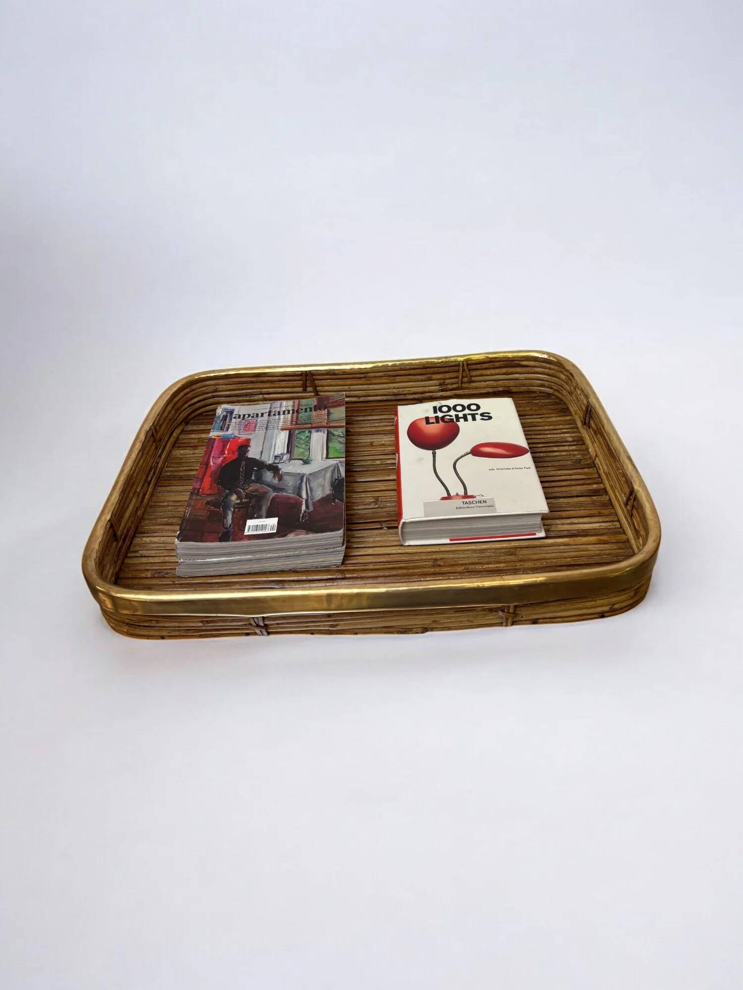 Rattan and brass tray, Italy, circa 1970s