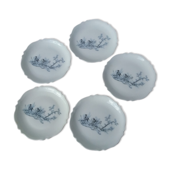 5 coupelles plates en porcelaine de Limoges à décor champêtre