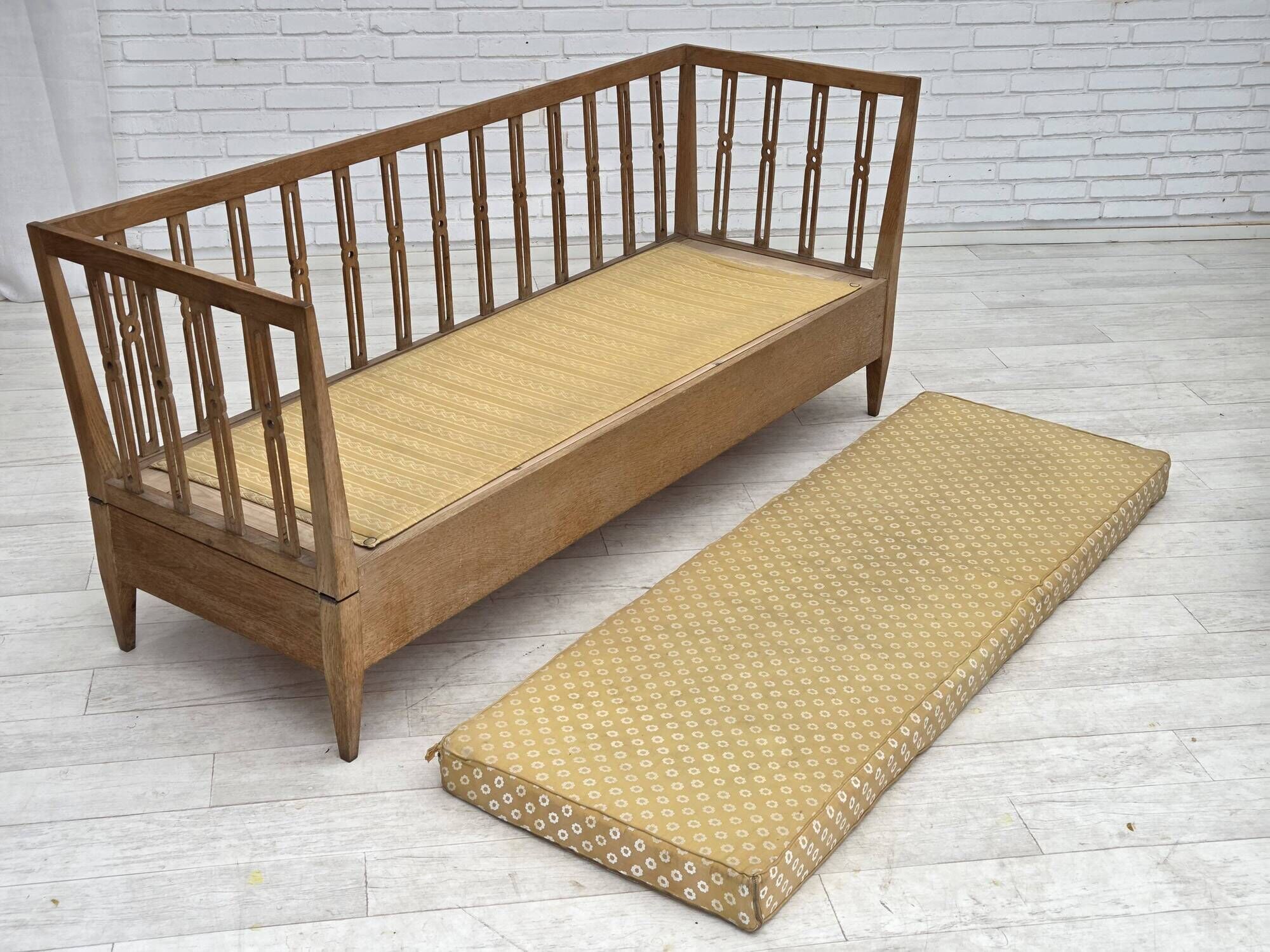 1970s, Swedish drop arm sofa/daybed, furniture fabric, oak wood.