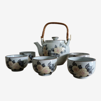 Asian tea set with teapot and 5 cups in glazed stoneware