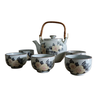 Asian tea set with teapot and 5 cups in glazed stoneware