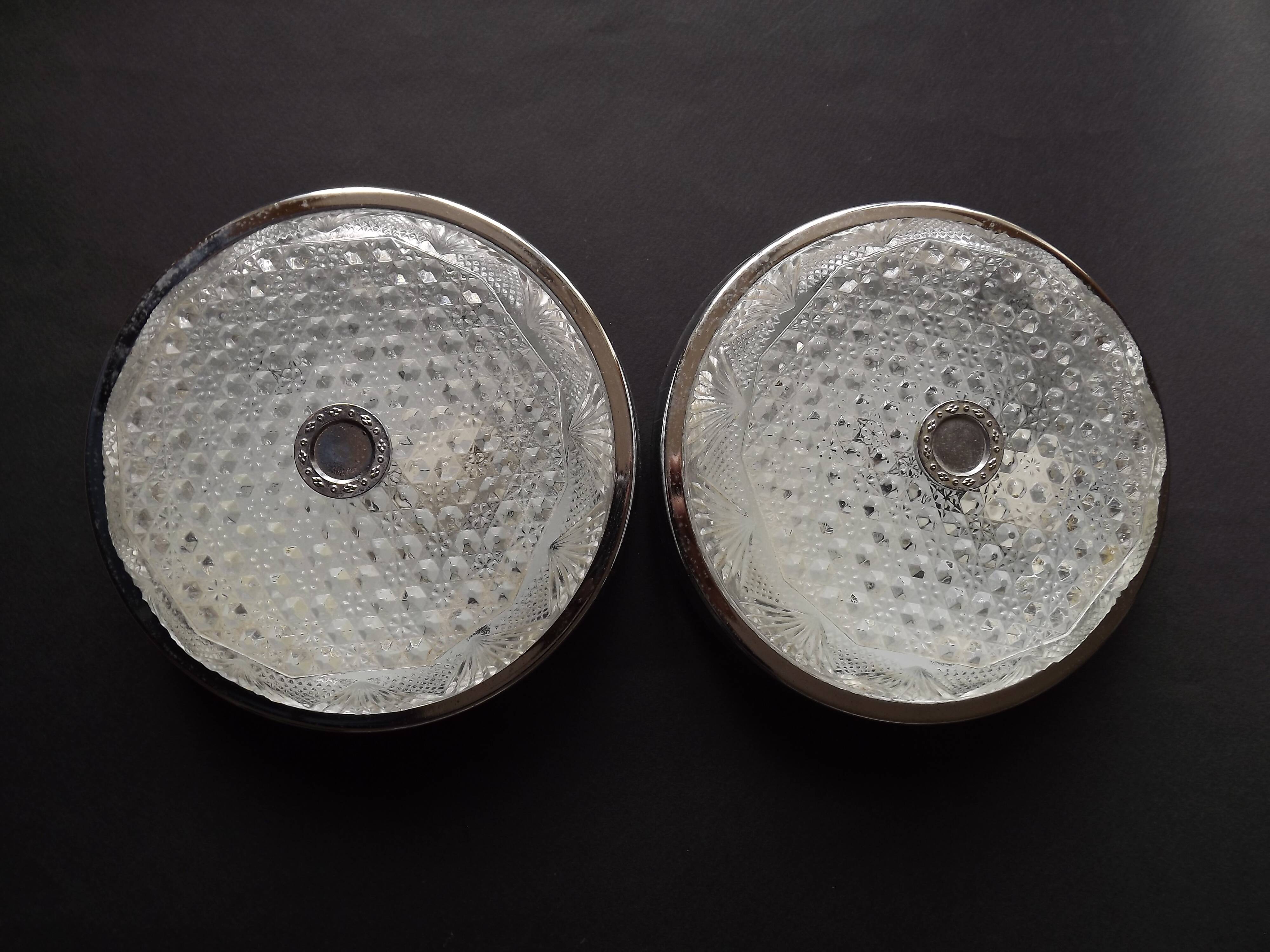 Pair of French Vintage Semi-Flush Cut Glass and Silver Metal Wall Lights