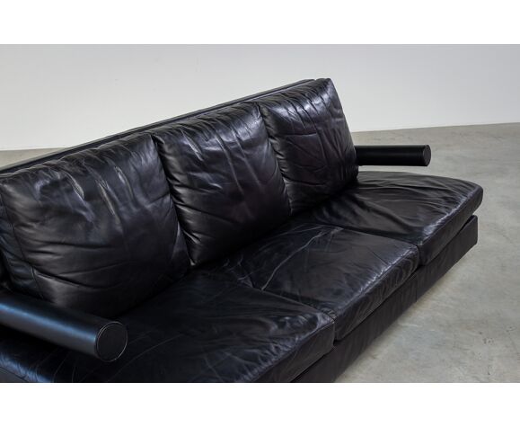 Black Leather Sofa 3 Places Baisity B, 80 Black Leather Sofa