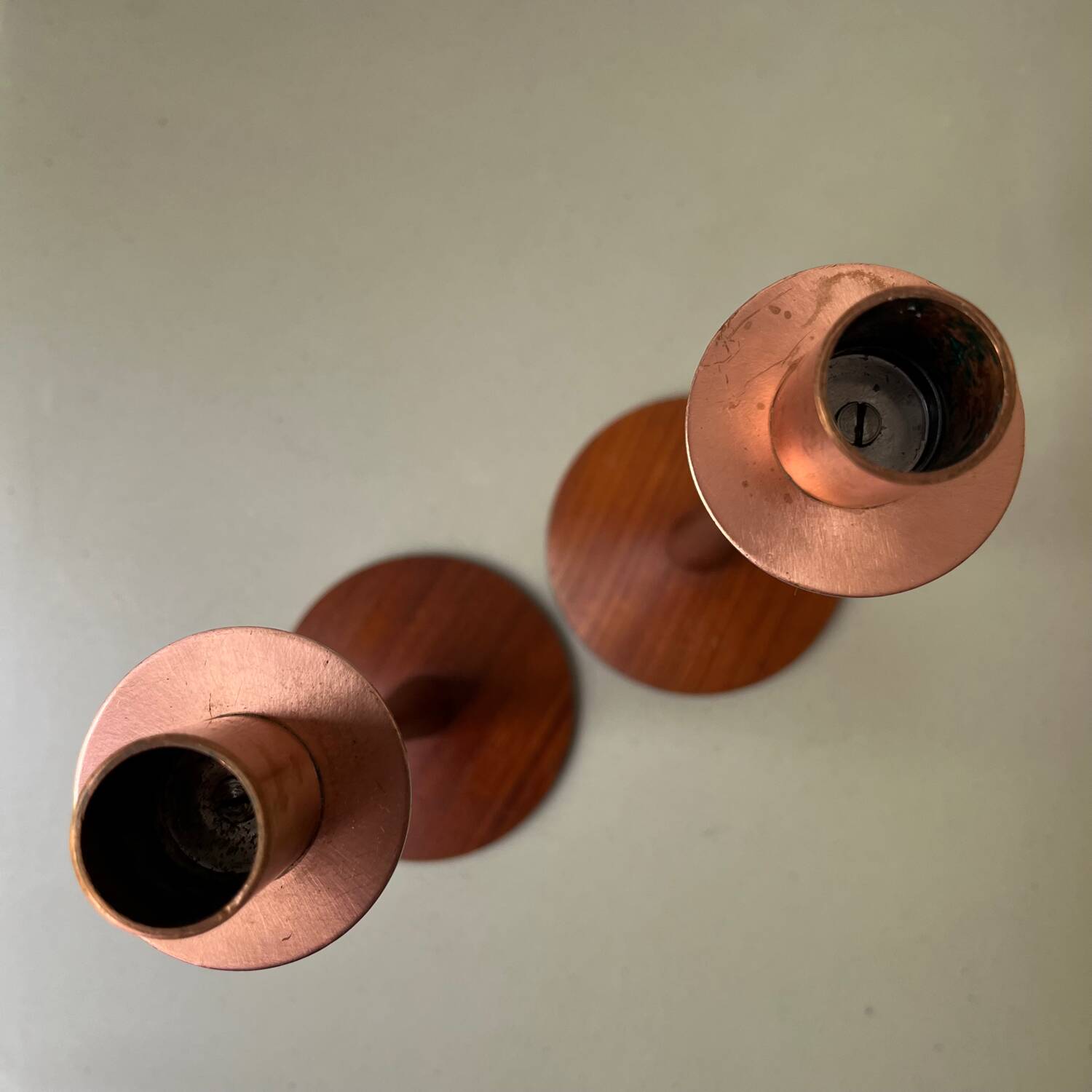 Pair of vintage Scandinavian candlesticks in teak & copper, Sweden, 1970s