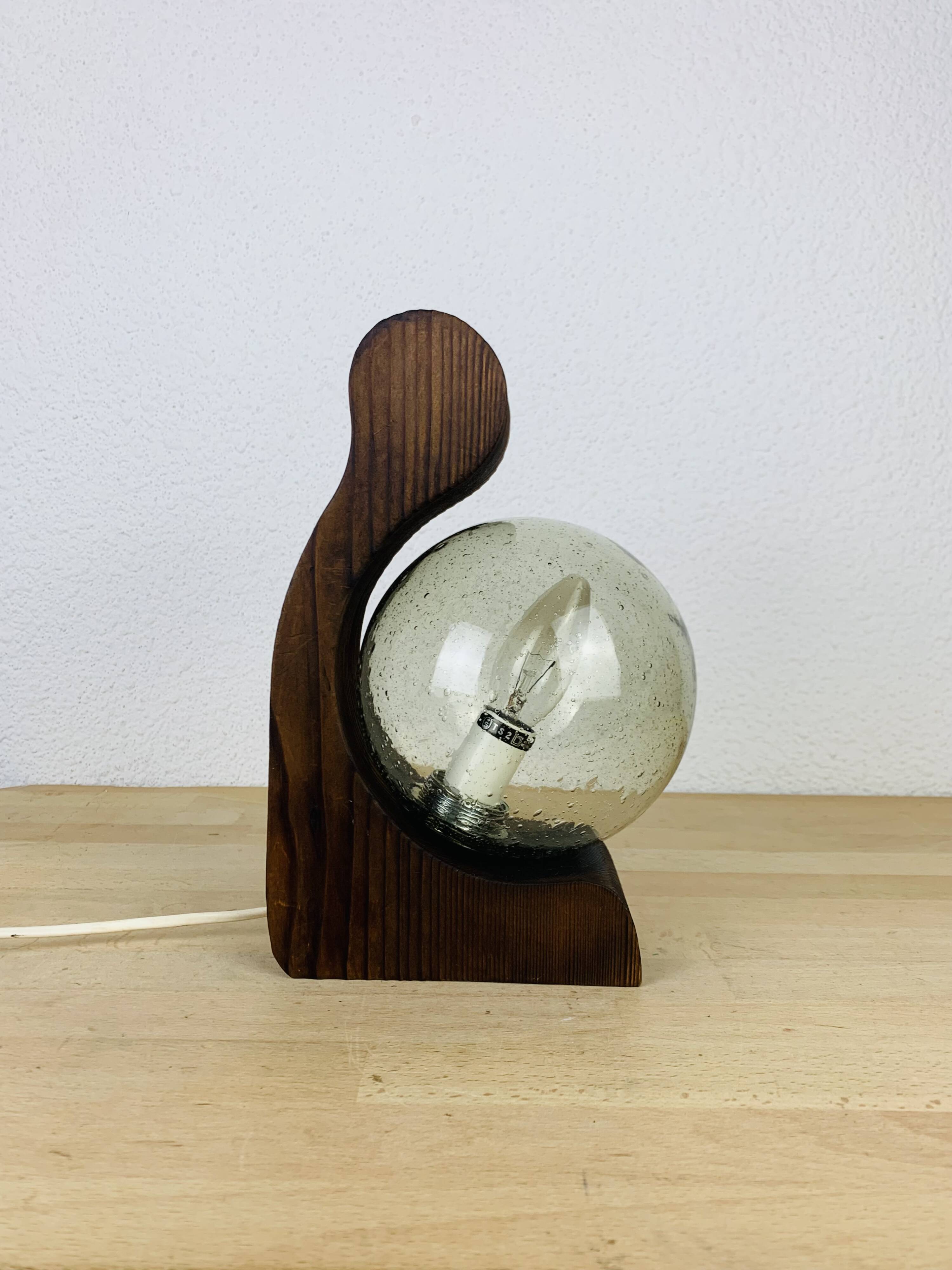 Brutalist lamp Temde Leuchten 1970s pine and glass globe