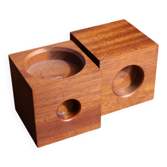 Duo of Scandinavian teak cube candlesticks