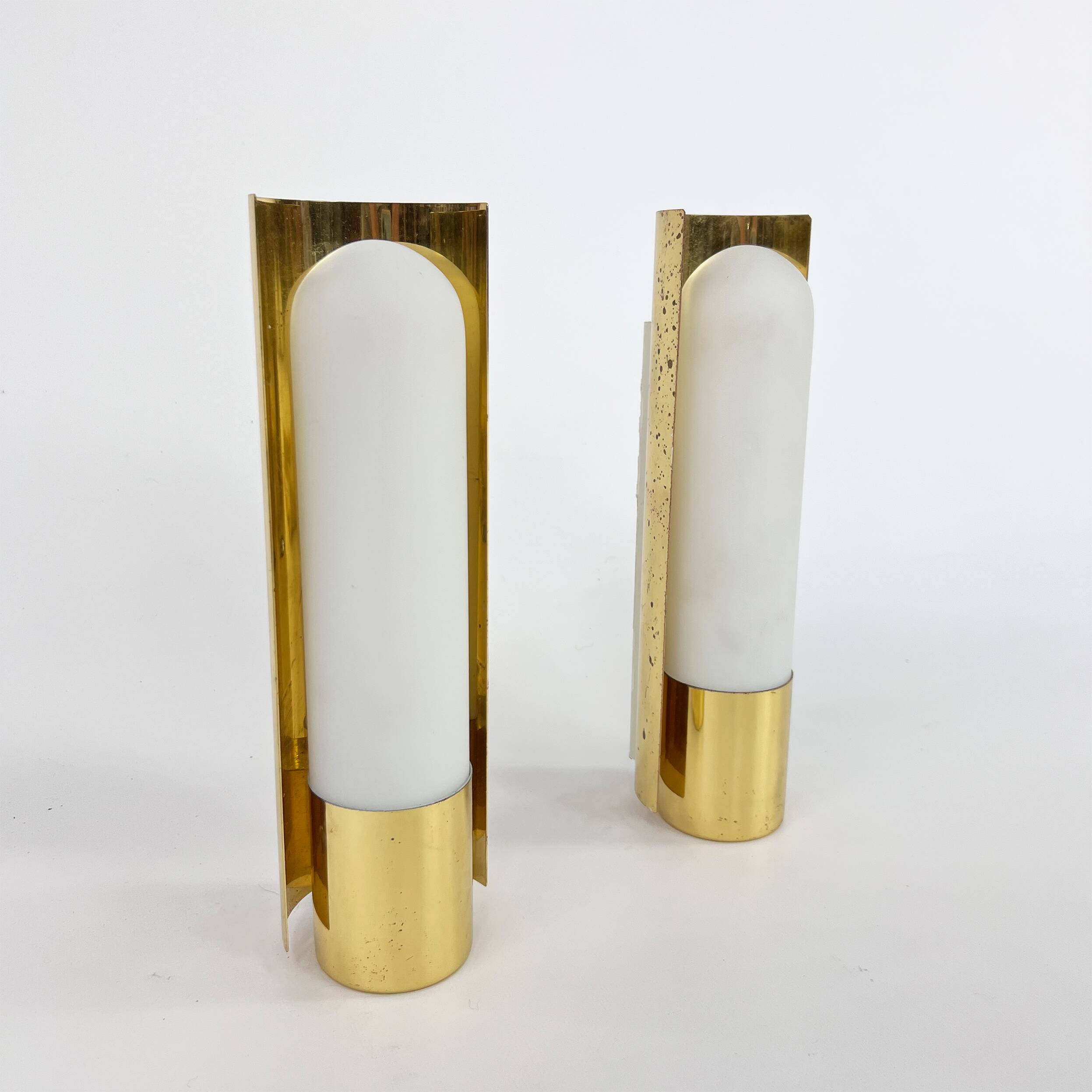 Hollywood Regency Set of 2 Brass and Opaline Glass Scones from Glashütte Limburg, 1970s