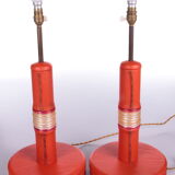 Ensemble de lampes de table rembourrées en cuir orange français années 1960