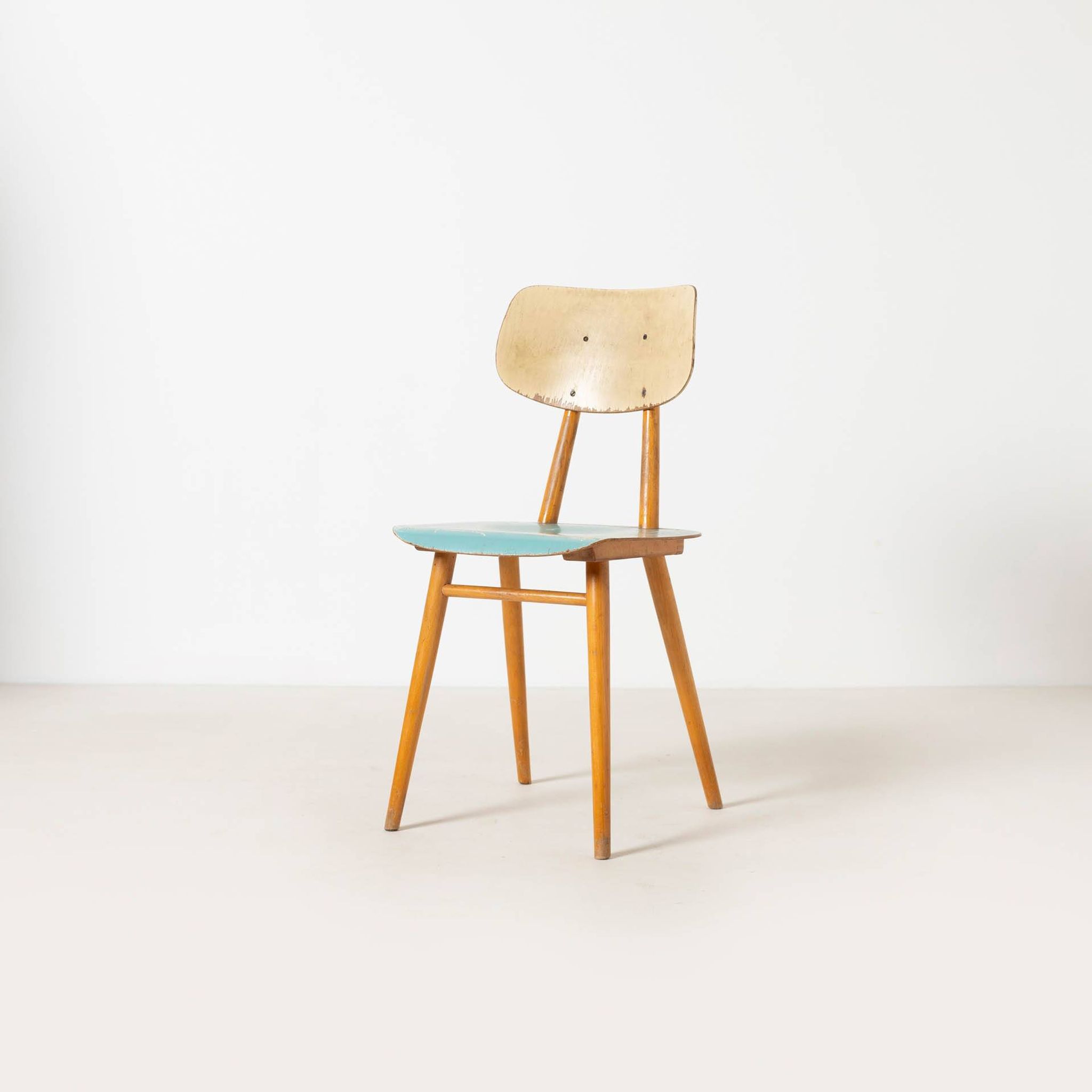 Set of 4 midcentury dining chairs from TON, blue painted plywood, 1960S