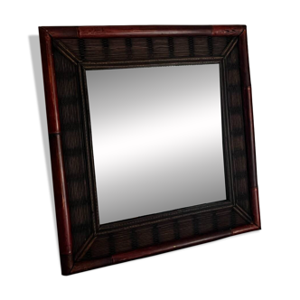 Miroir mural 70×70 style colonial – cadre rotin naturel, très bon état