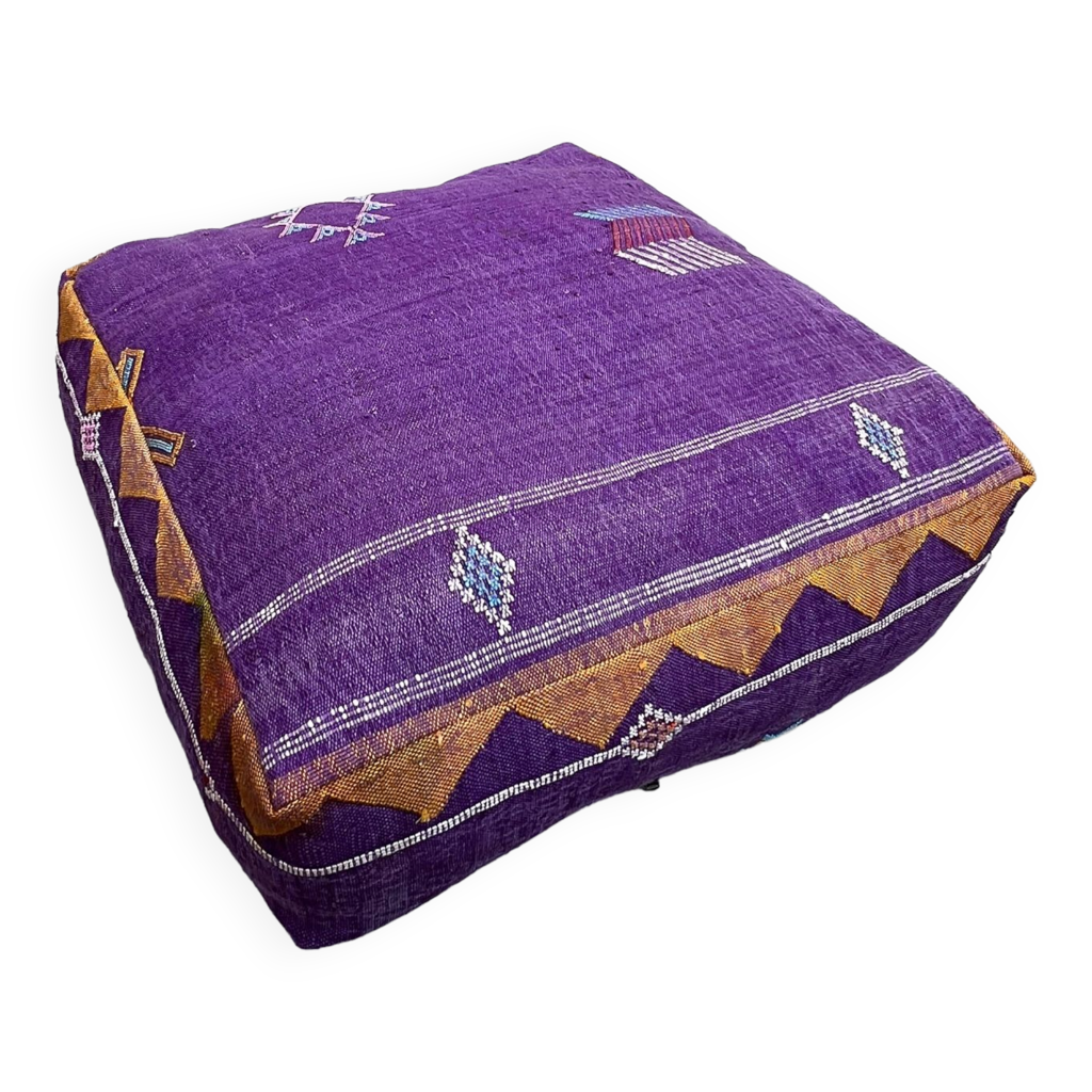 Pouf Ottoman Marocain, Pouf en Soie Cactus, Pouf Violet, Tabouret