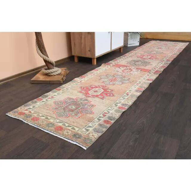 Vintage Turkish Oushak handmade wool cotton pink runner rug 79x372