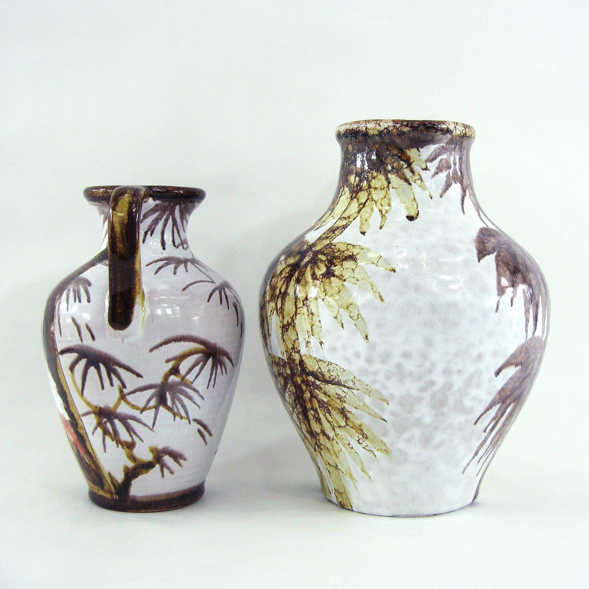 2 West Germany vases - trees and Japanese cranes decor - Marei Keramik - vintage 60s