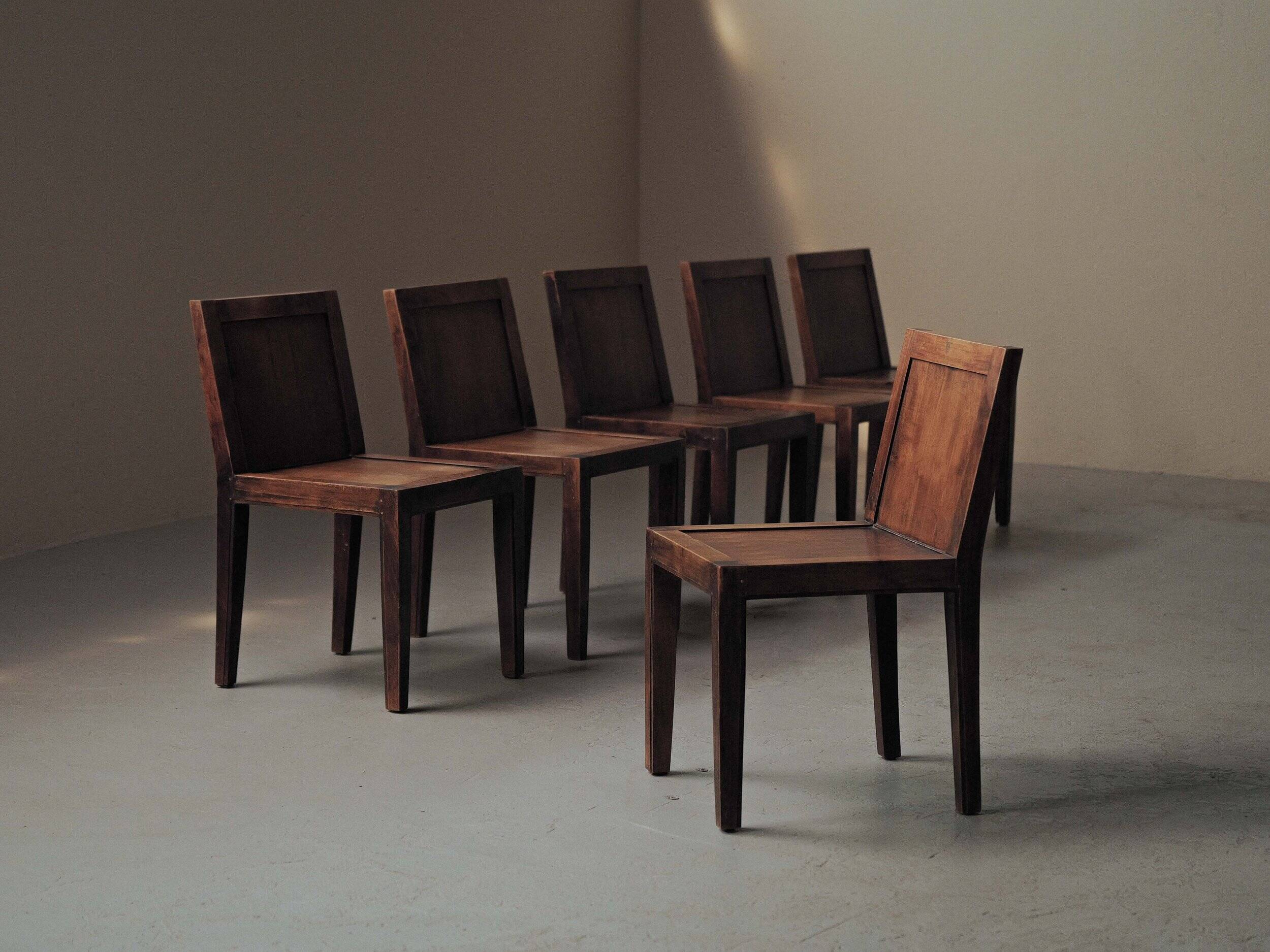 Set of 6 handcrafted oak chairs, France, circa 1970.