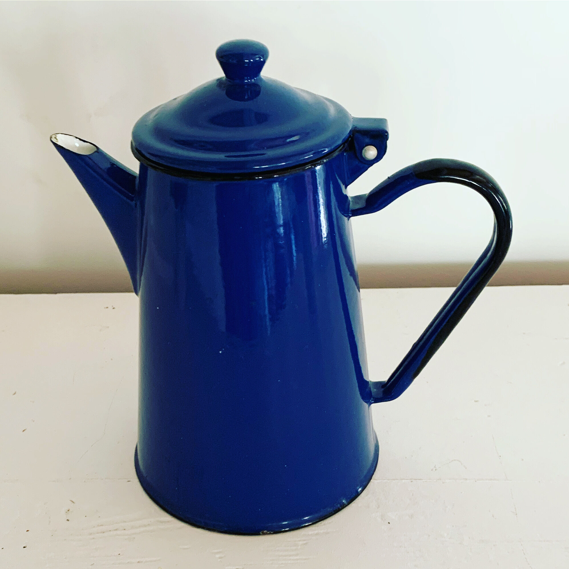 Vintage blue and black enamel coffee pot