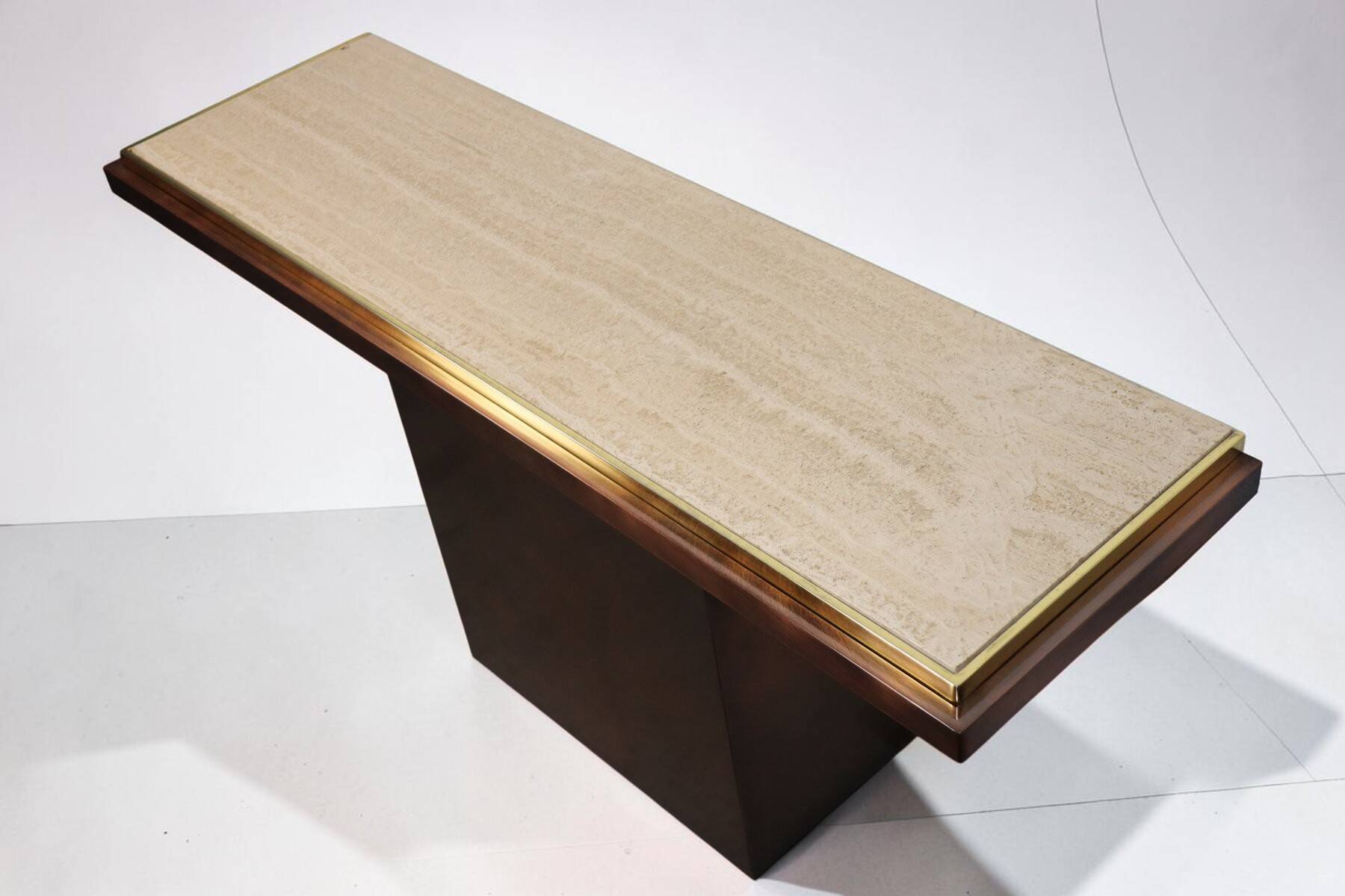 Minimalist console in travertine and patinated metal — 1970s