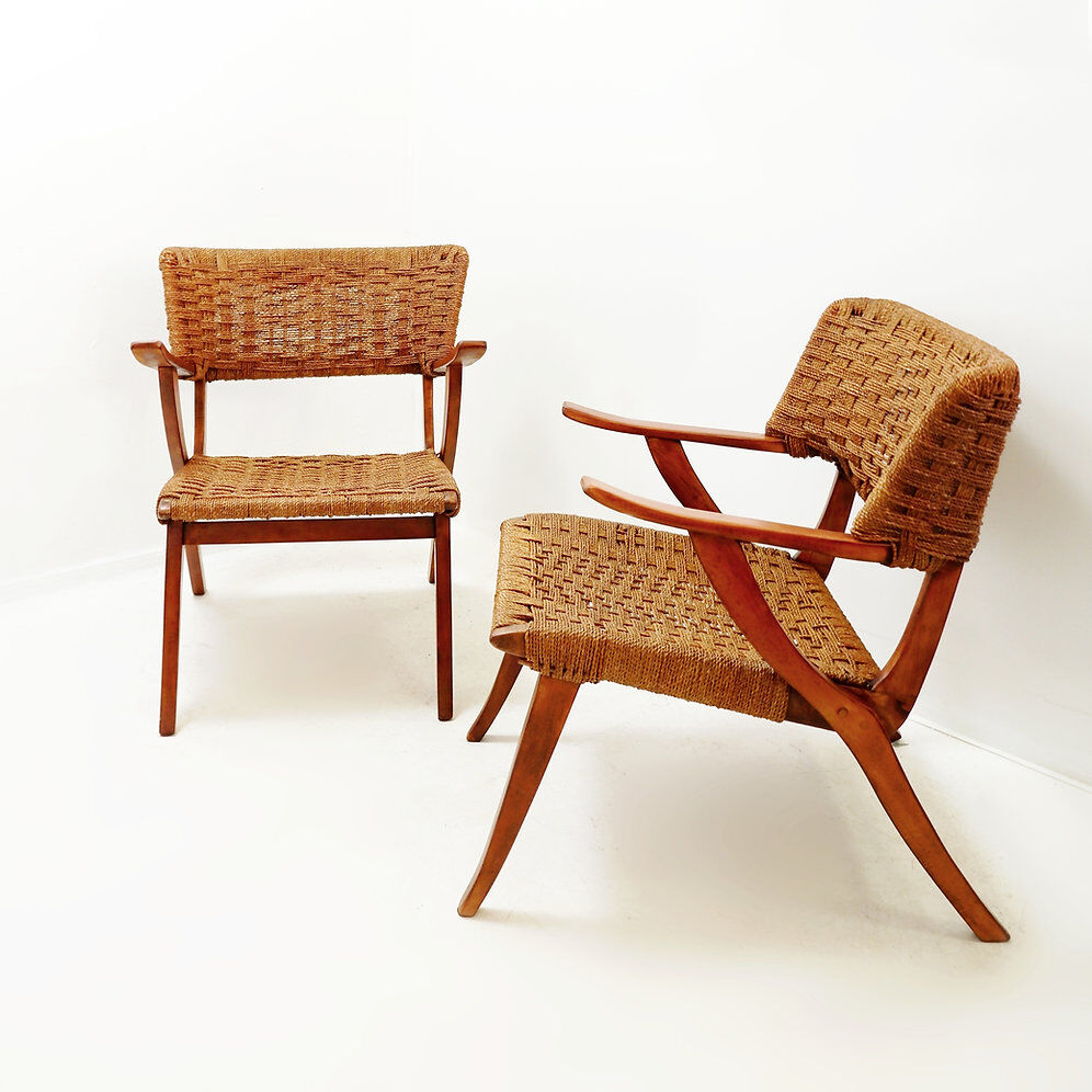 Pair of rope and wood armchairs - 1950s