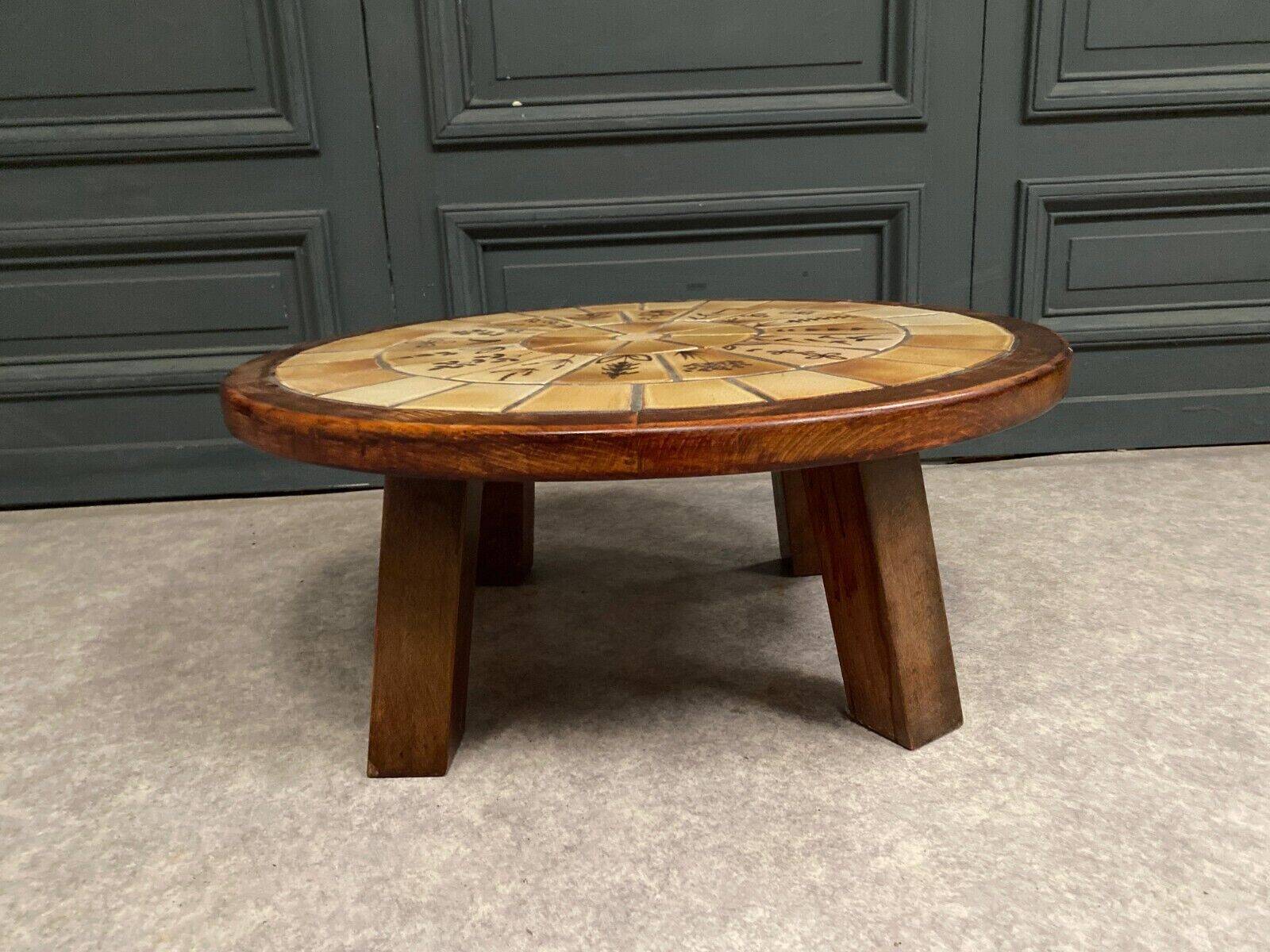 Brutalist ceramic and wood coffee table in the style of Roger Capron