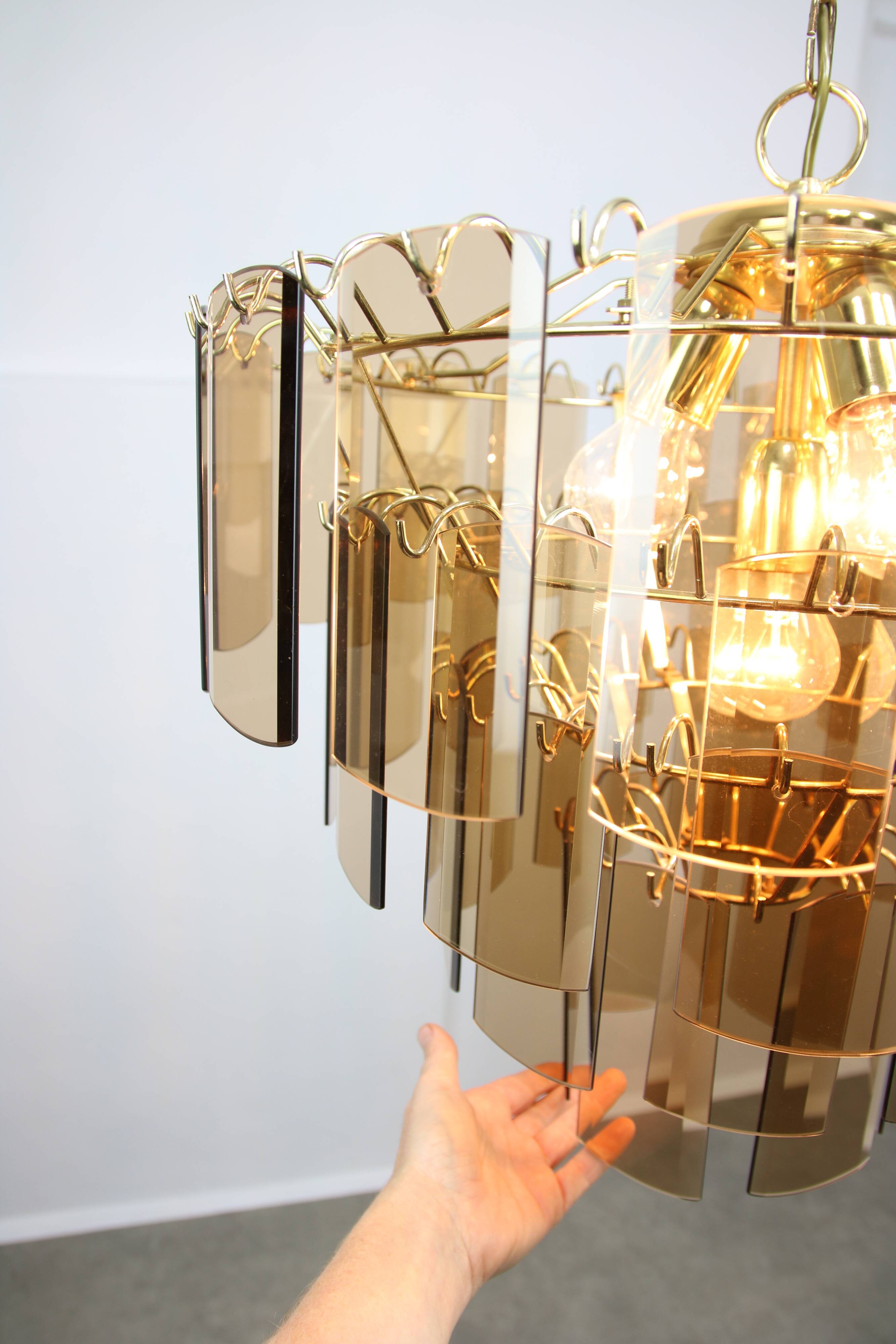 Vintage Veca Chandelier: Italian 1970s Smoked Glass & Brass Pendant Lamp