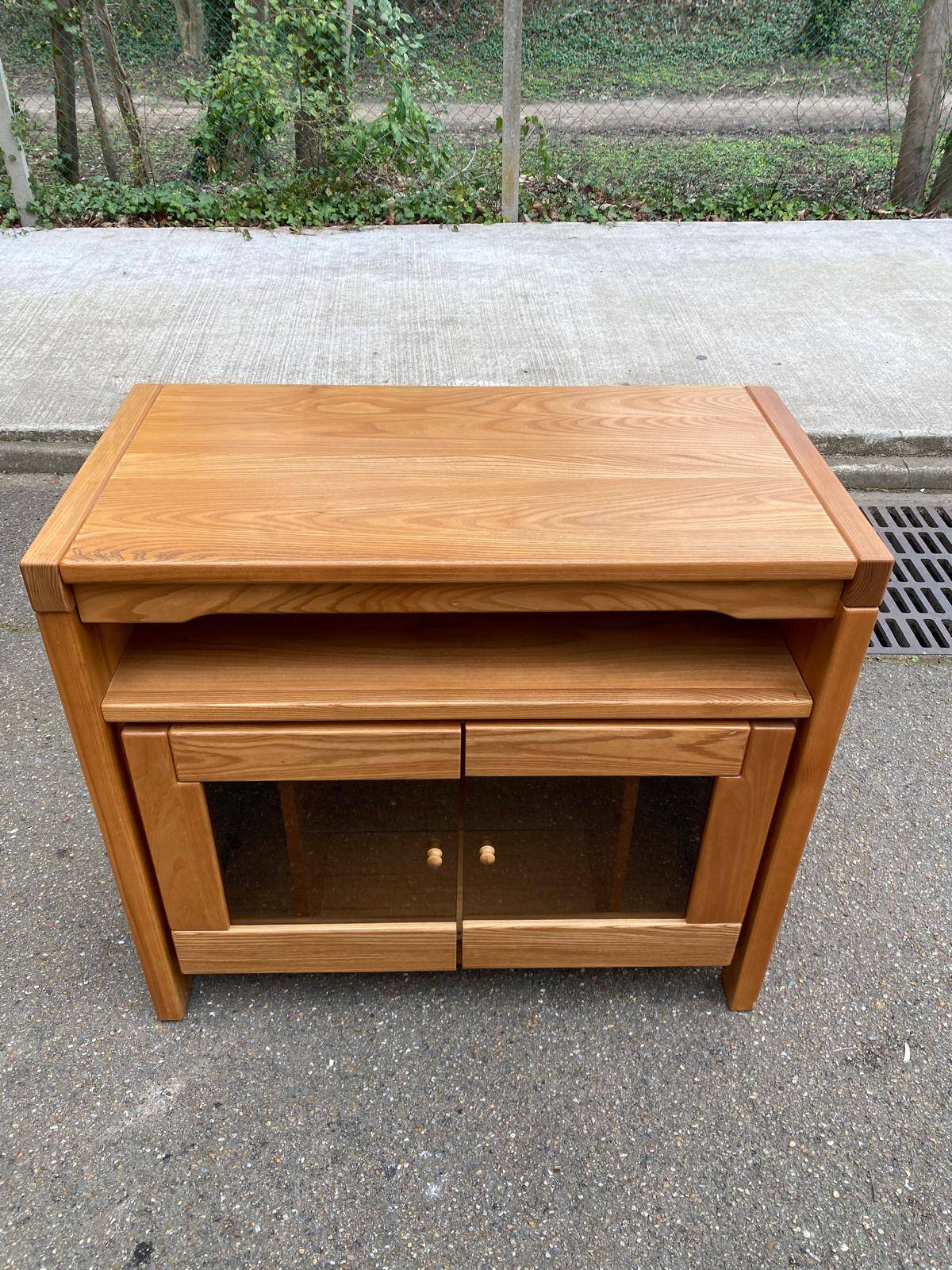 Glass-fronted Scandinavian oak sideboard from the 1980s.