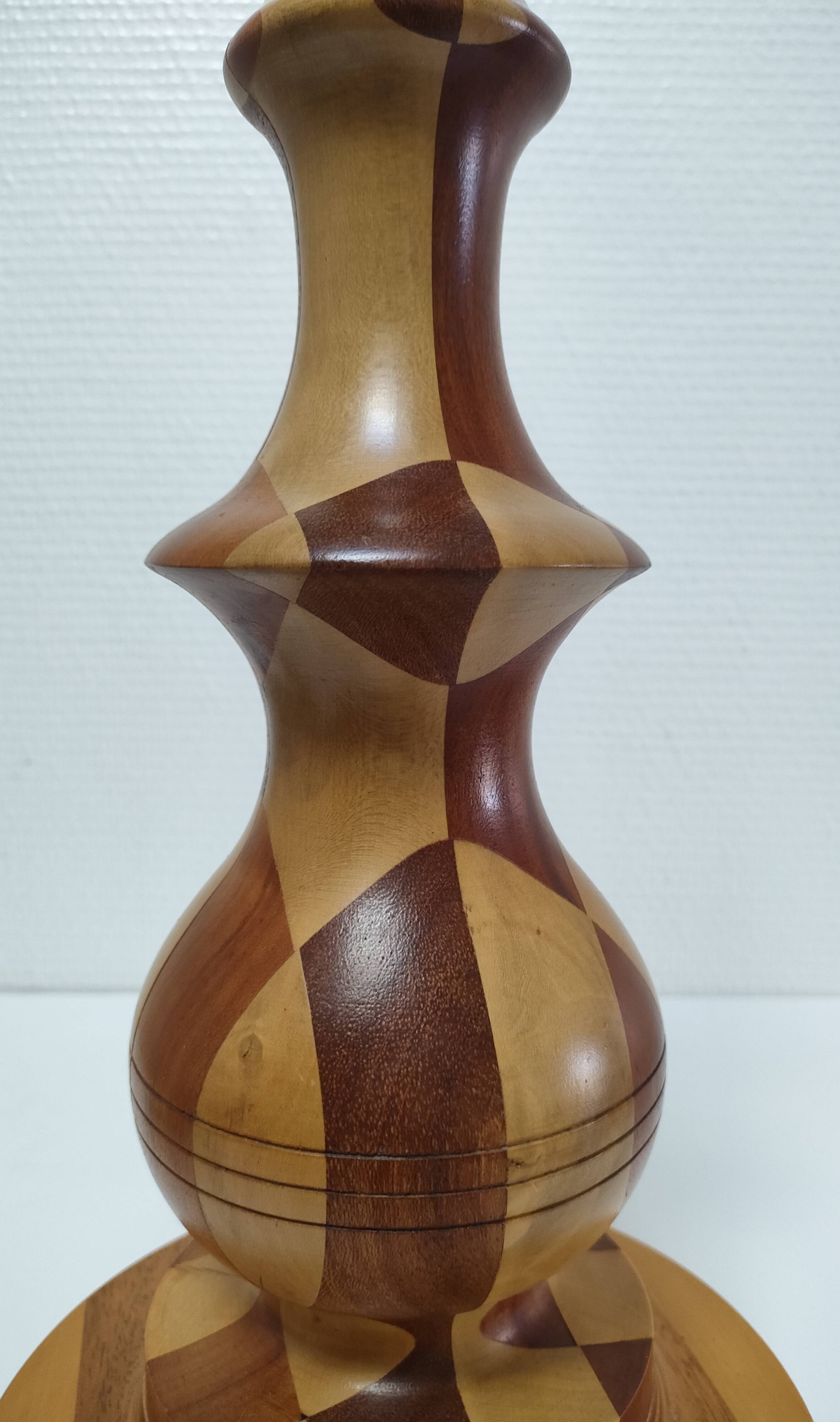 Turned wooden lamp and vintage wood inlay