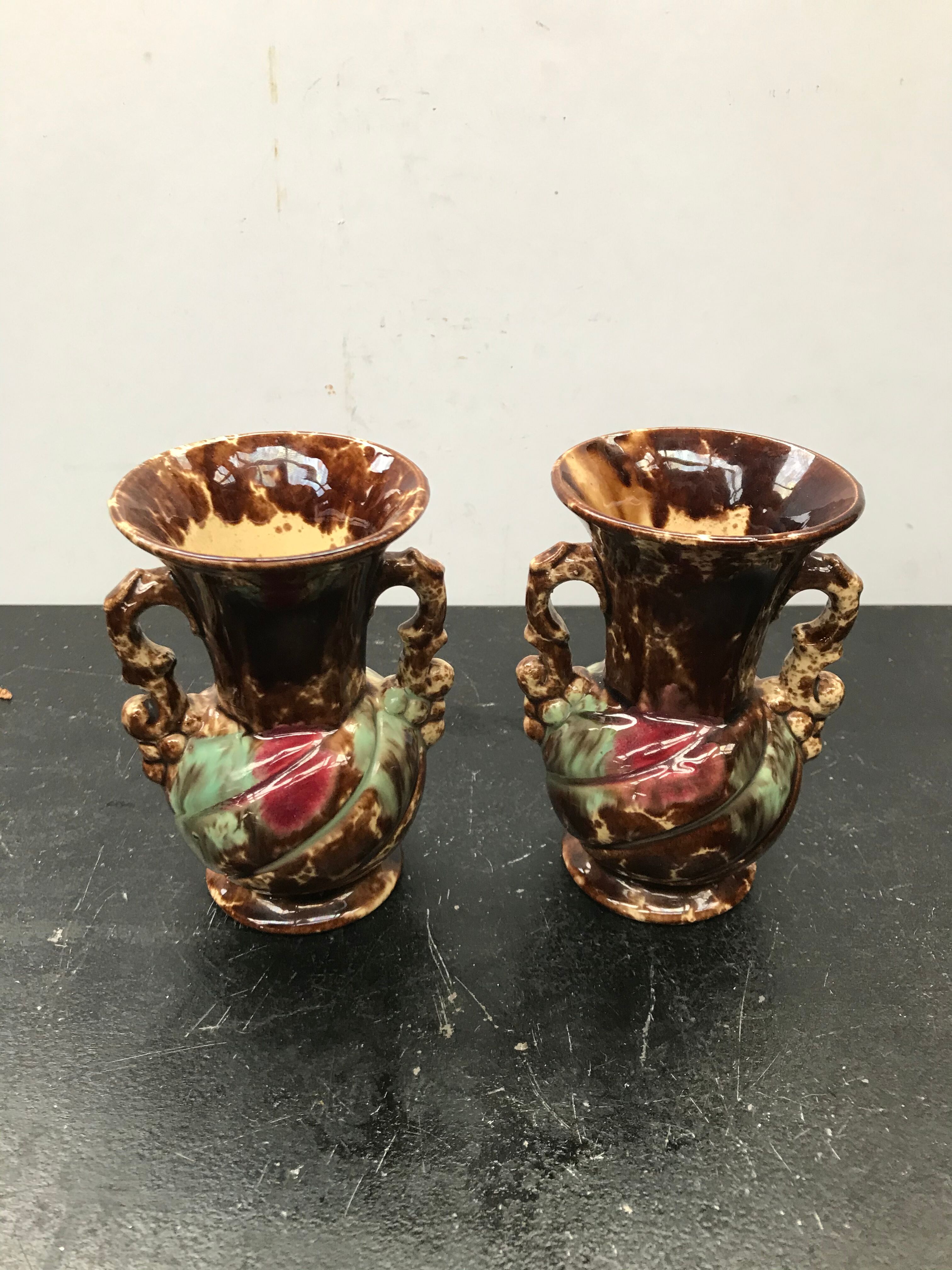 Pair of old vases with vintage beige brown ceramic handles