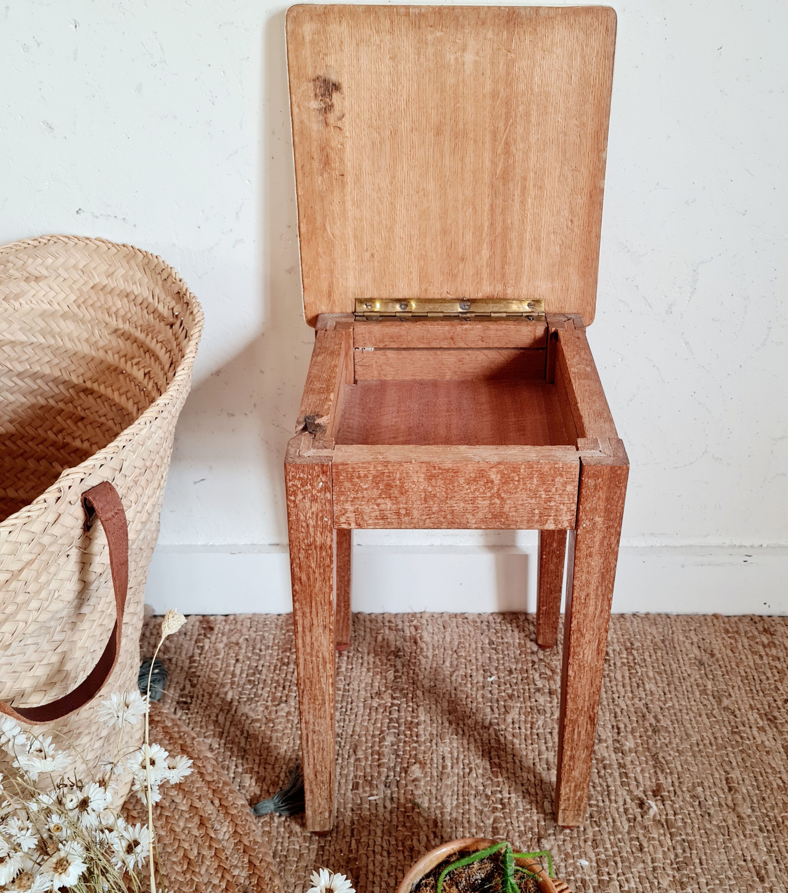 Wooden wax stool and orange formica
