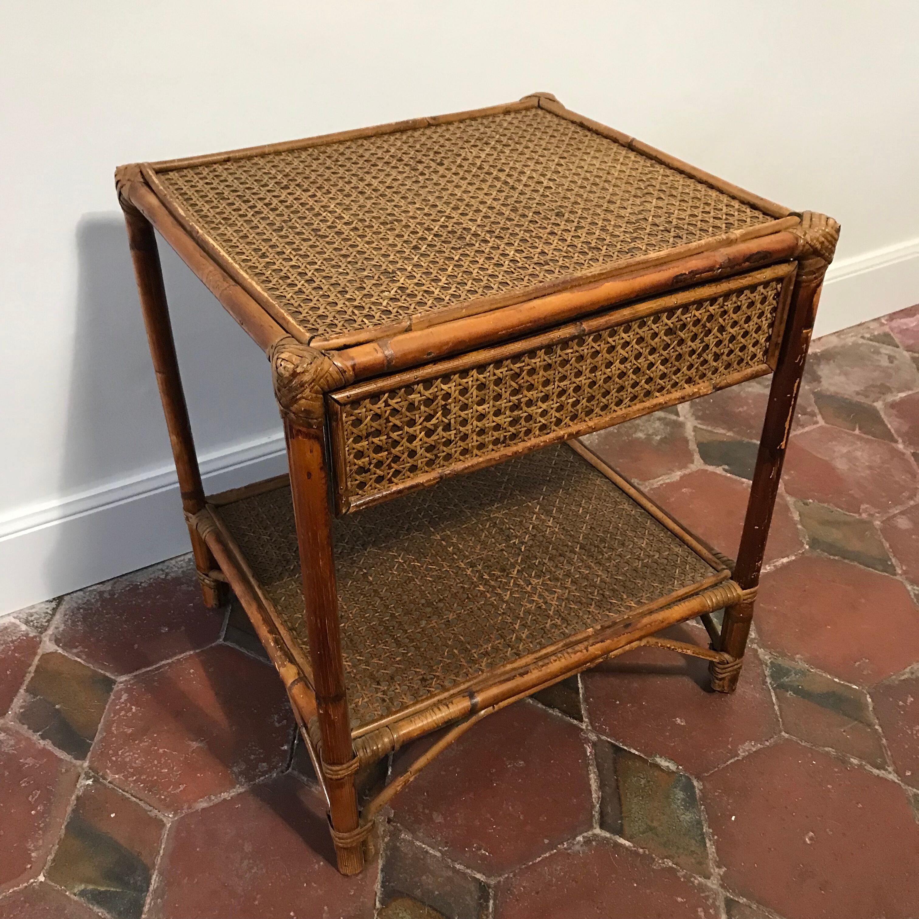 Vintage bedside table 1970 wicker and canning