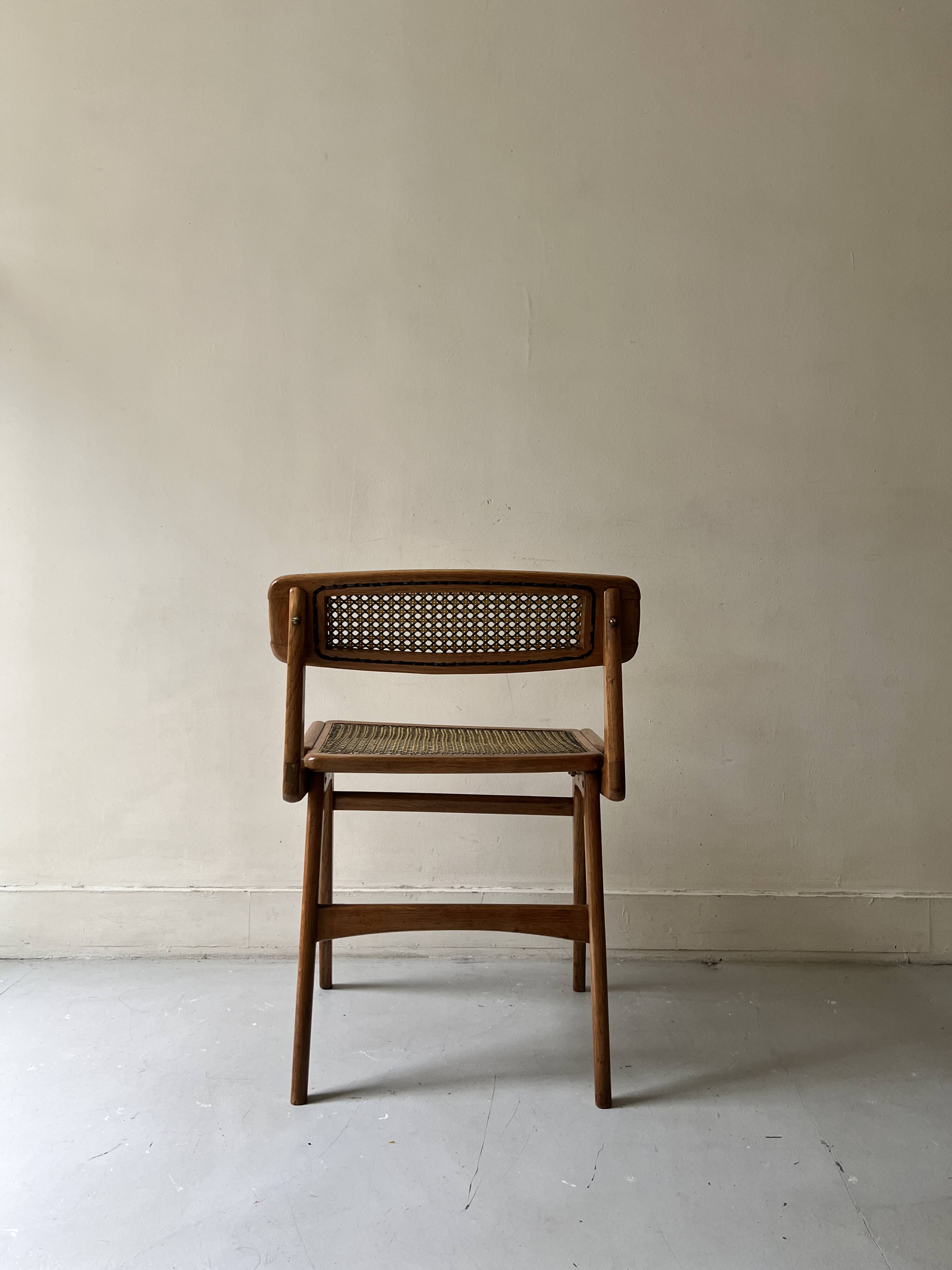 Teak wood and cane chair design, SNA Roset / Landault 1950-60
