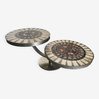 Double round coffee table in ceramic and wrought iron Vallauris year 1970