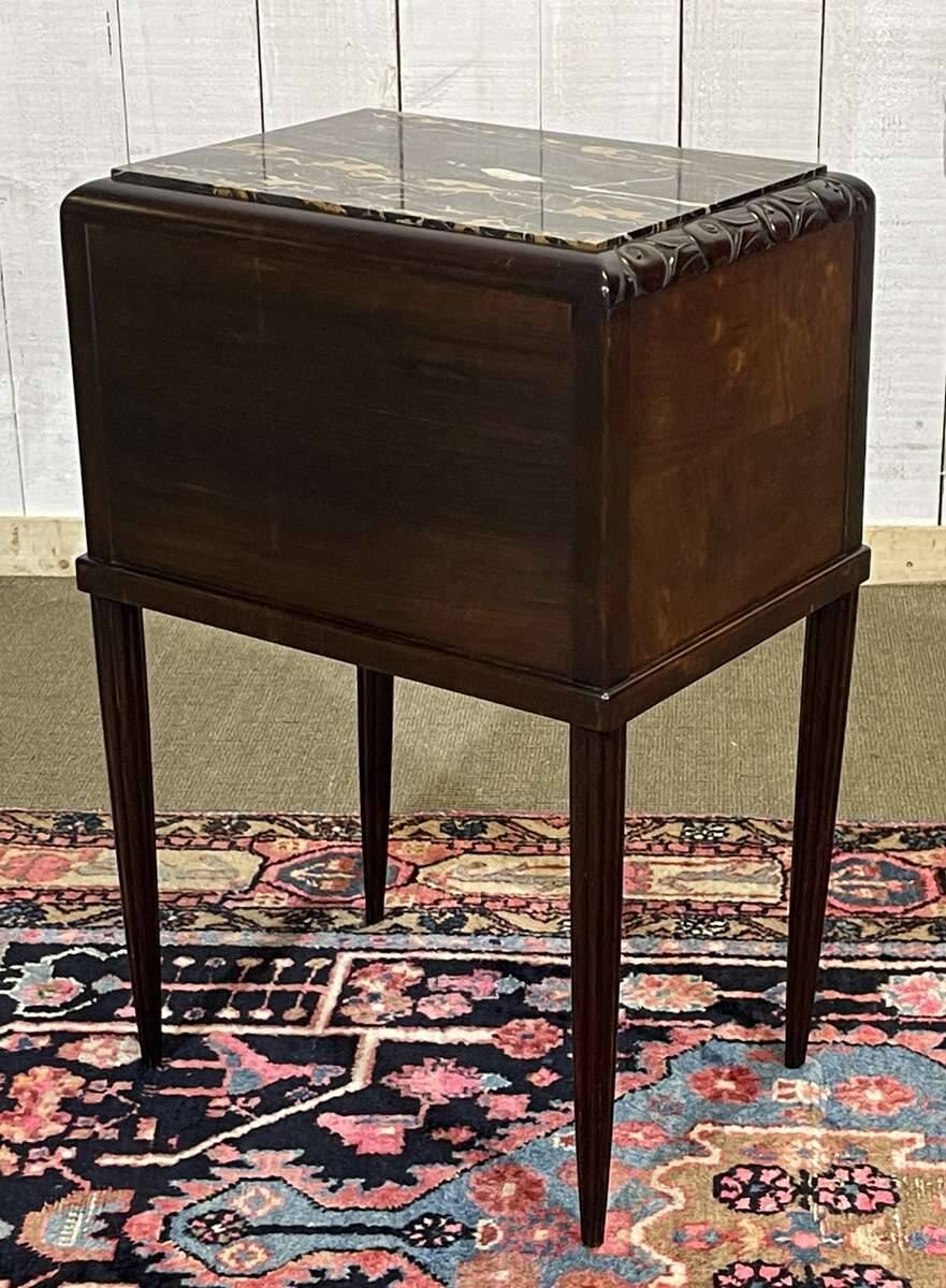 Art Deco bedside table in rosewood, walnut burl, and marble top.