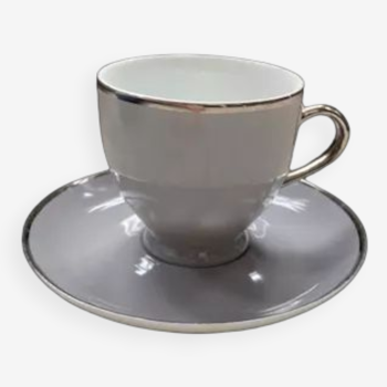 Cup and its gray saucer with silver edging - Flamingo Home Interiors