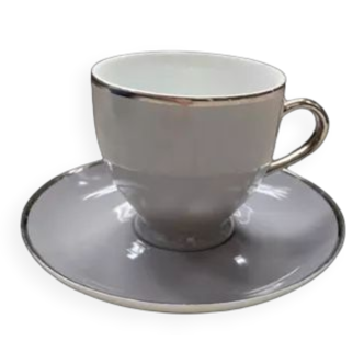 Cup and its gray saucer with silver edging - Flamingo Home Interiors