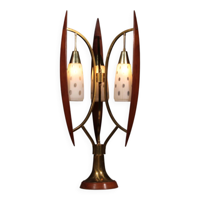 Lampe de table biomorphiques par Masjestic Lamp.Co USA en noyer et laiton 1960